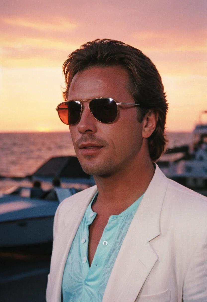 MiamiVice, Sonny Crockett, man, shades, closeup, seaside, sunset, outdoors, highly detailed, 4K, ((grainy analog 35mm film photo))