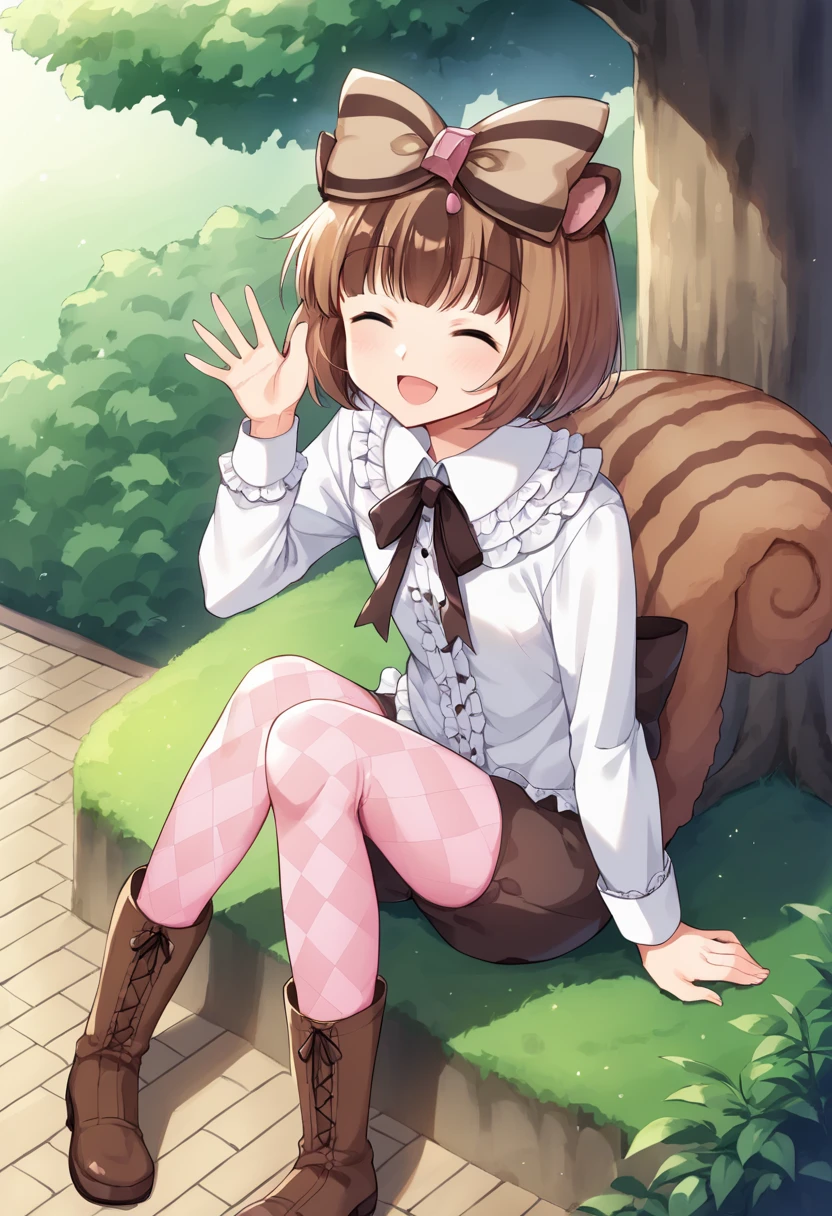 score_9,score_8_up,score_7_up,source_anime,masterpiece,best quality,game cg,1girl,solo,little_girl,chokyuruiyu_(show_by_rock!!),closed eyes,short hair,brown hair,multicolored hair,hair bow,animal ears,squirrel tail,squirrel ears,ribbon,bow,frills,white shirt,long sleeves,brown pantyhose,pink pantyhose,argyle,argyle legwear,shorts,center frills,<lora:chokyuruiyuSB69:1>,looking_at_viewer,dynamic_angle,sitting,knees_to_chest,waving,open mouth,kind_smile,boots,from_above,nature,hills,plateau,