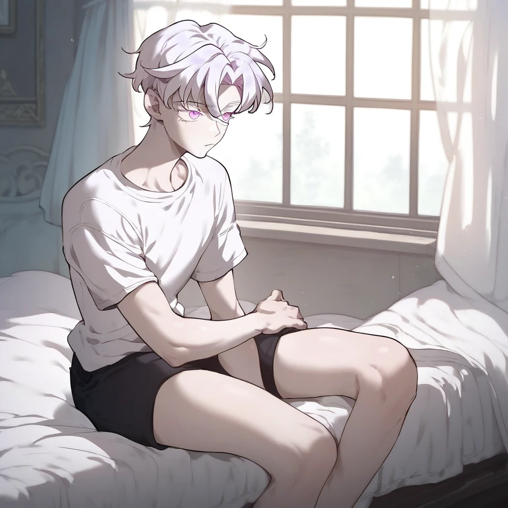 score_9, score_8_up, score_7_up, Alea, tomboy, white hair, violet eyes,  solo, short hair, shirt, 1girl, sitting, purple eyes, white shirt, white hair, female focus, shorts, indoors, pink eyes, window, bed, on bed, black shorts, curtains