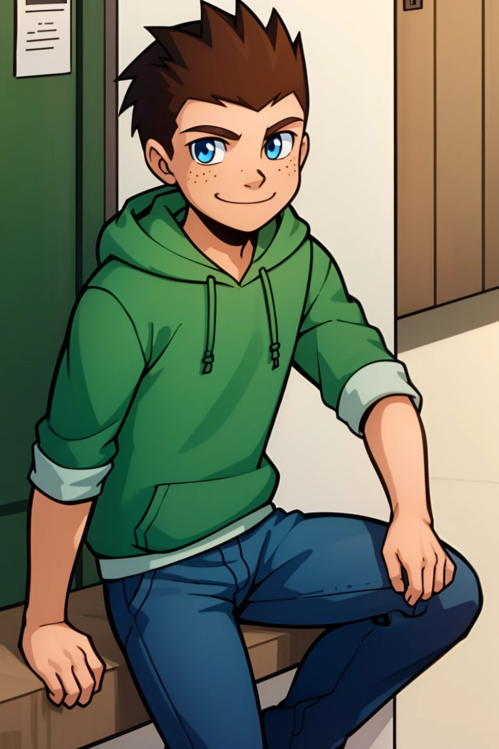 Jack_power,1boy,solo,male focus,brown hair,short hair,spiked hair,blue eyes,freckles,green hoodie,blue pants,smile,looking at viewer