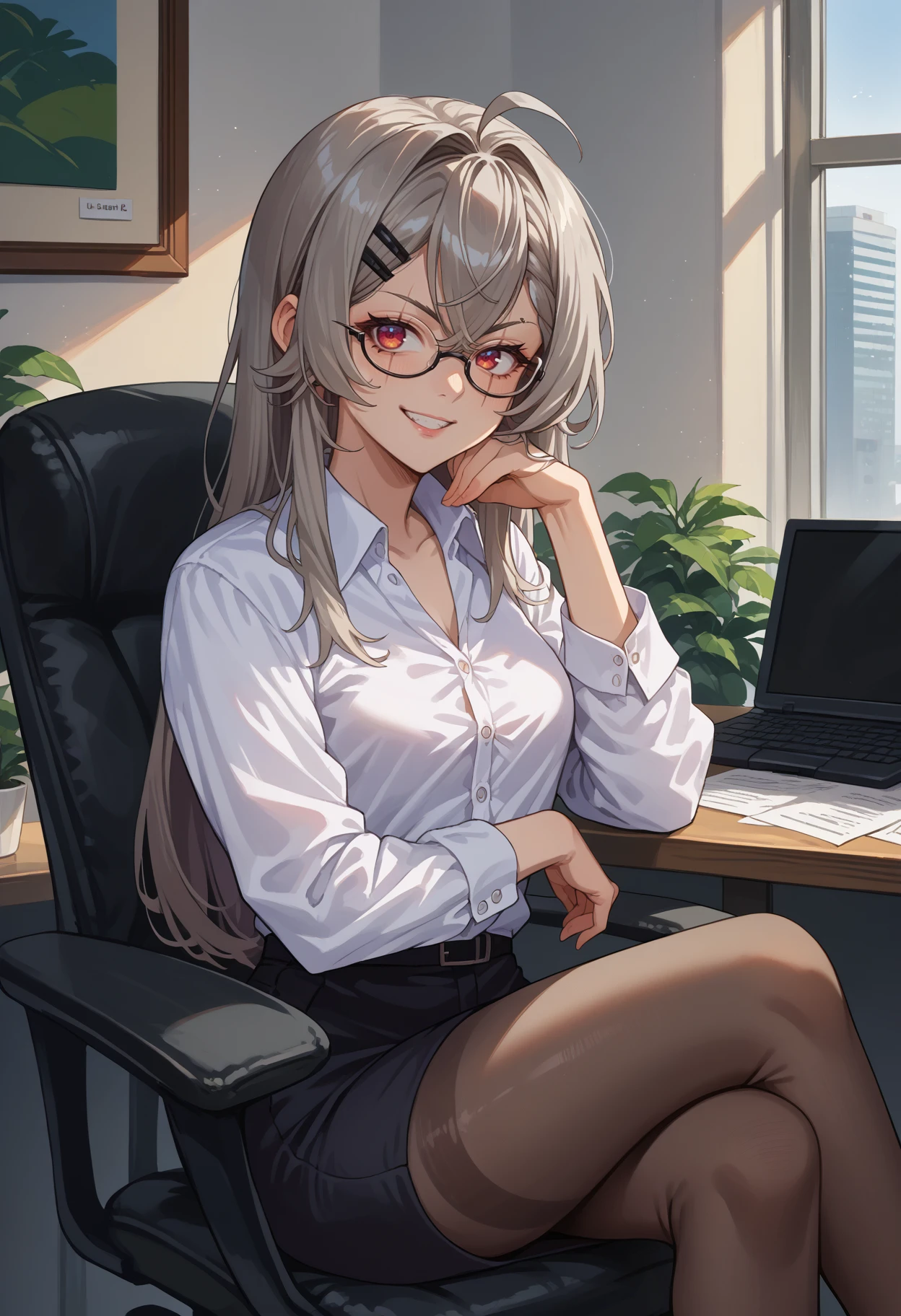 score_9, score_8_up, source_anime, 1girl, solo, Saruei, grey hair, glasses, scar across eye, long hair, indoors, office lady, office chair, sitting, crossed legs, miniskirt, black pantyhose, dress shirt, smile, <lora:ChamSarueiPonyXL:1>