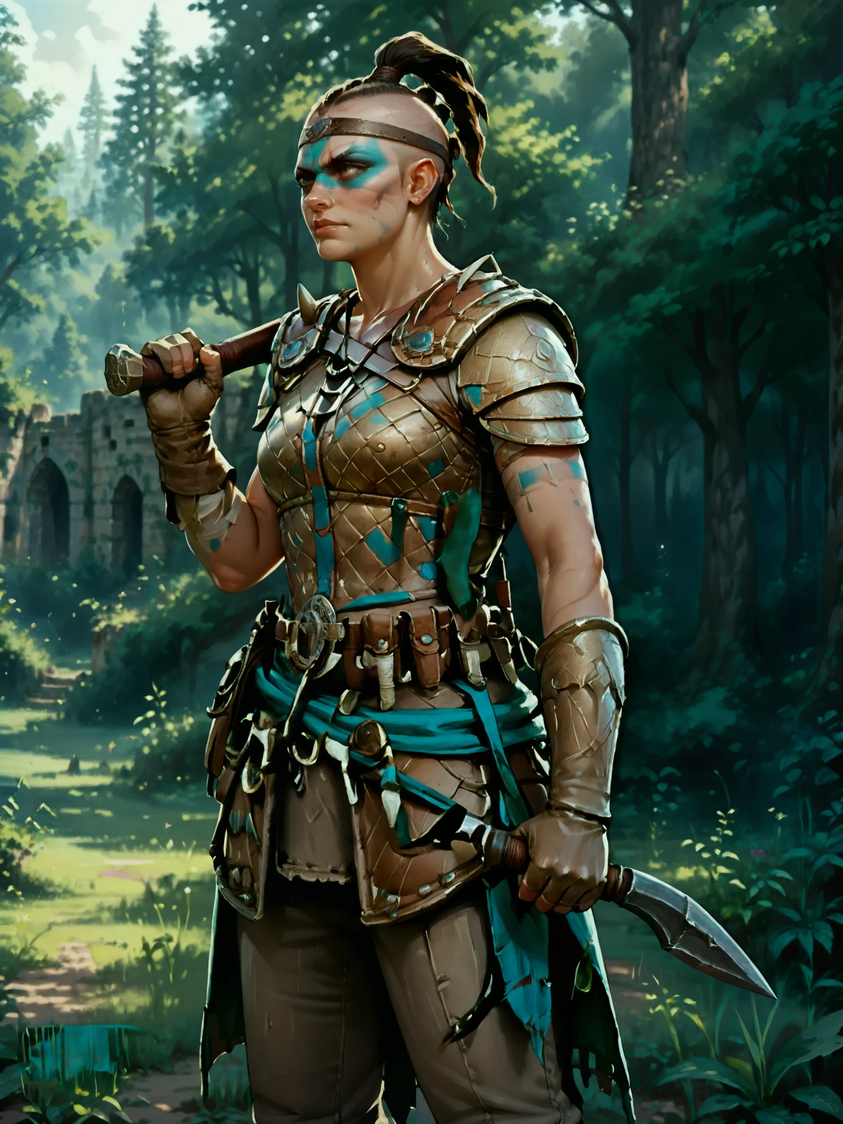 (((Holding two weapons with a balanced and confident stance))), Sham4nForHonor, 1girl, score_9, score_8_up, score_7_up, masterpiece,, warpaint,  shaved head, topknot, leather headband, gloves, boots, bandages, pants, pouches, armor,  ((outdoors, viking)), 