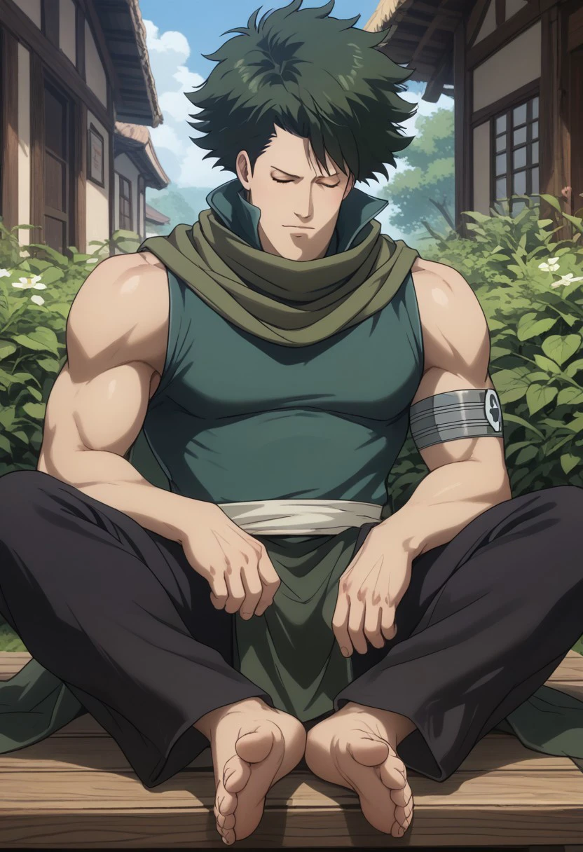 score_9, score_8_up, score_7_up, source_anime, rating_safe, Wartail, 1boy, male focus, anime screencap, closed eyes, green Warrod shirt, green Warrod scarf, grey Warrod armlet, white cloth belt, dark green waist cloth, black Warrod trousers, barefoot, brown Warrod sandals, feet with five toes, sitting,