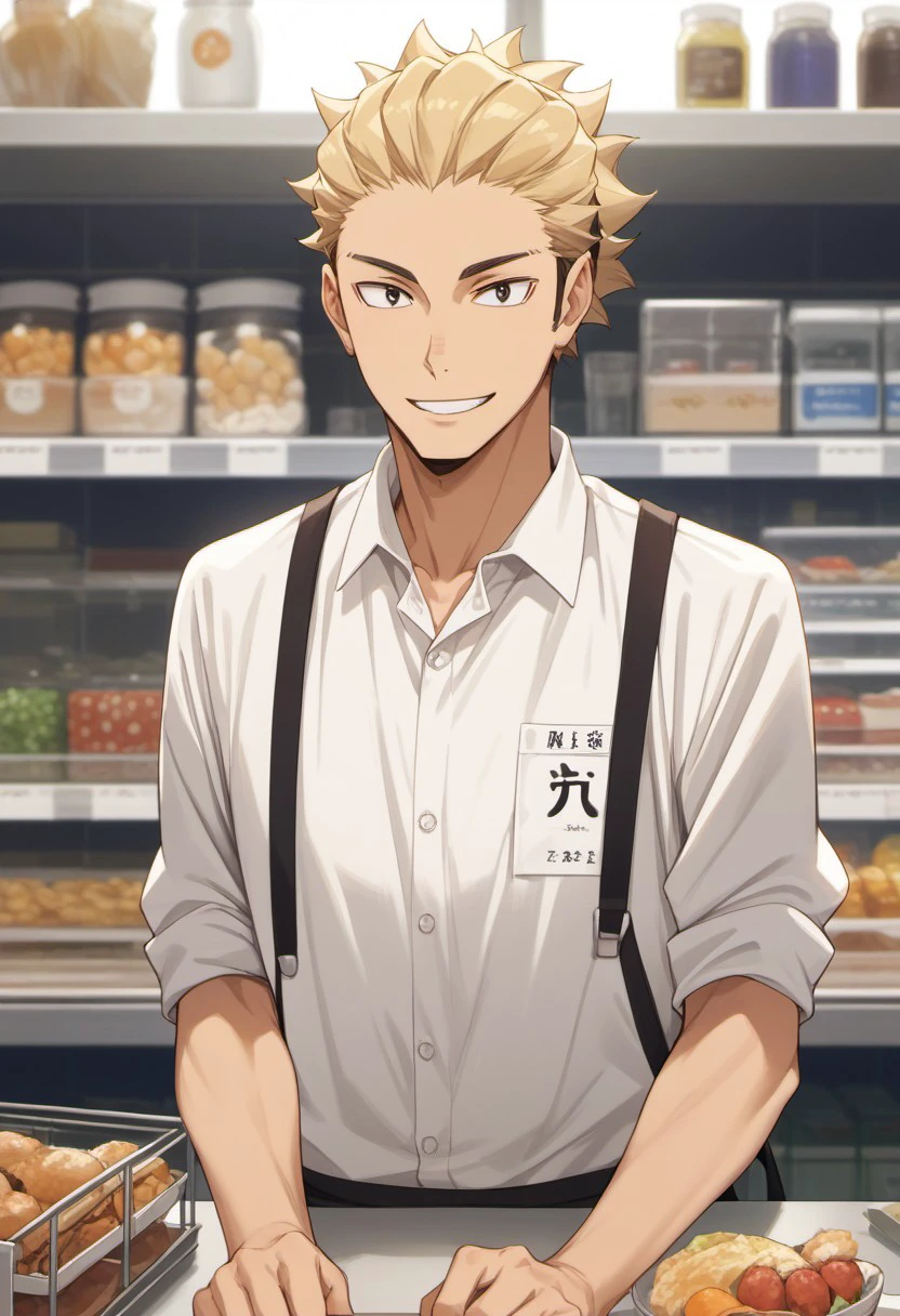 score_9, score_8_up, score_7_up, source_anime, rating_safe, counter table, Ukaikyu, 1boy, male focus, apron, collared dress shirt, shop clerk, smiling, blurry indoor supermarket, warm lighting, behind the counter, hands with five fingers,