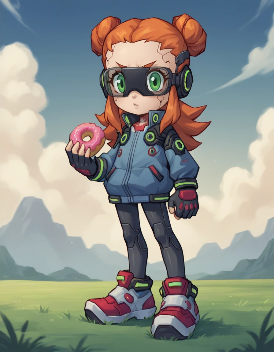 score_9, score_8_up, score_7_up, score_6_up, score_5_up, score_4_up, 1girl, solo, looking at viewer,
<lora:RollyRoll v1:0.8> rolly roll, orange hair, green eyes, long hair, child, hair between eyes, hair slicked back, cyberpunk hacker, extra long crimson red doughnut hair bun, multiple facial piercings,labret piercing, wearing a cyberpunk prismatic jumpsuit with biometric sensors, high-top sneakers with LED lights, fingerless gloves,wearing a sleek visor,neon tattoos, VR headset,
grass, sky, cloud, animal pose, determined