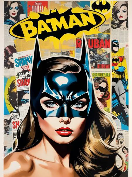 <lora:11VisualArt_Hap_XL:1.5>,Sandra Chevrier style,collage,torn paper effect ,pop art, comic book, Batman, Robin, superhero,  poster of a beautiful woman with radioactive shampoo, text "shiny hair", falloutpostsdxl, 1960s \(style\), distressed poster