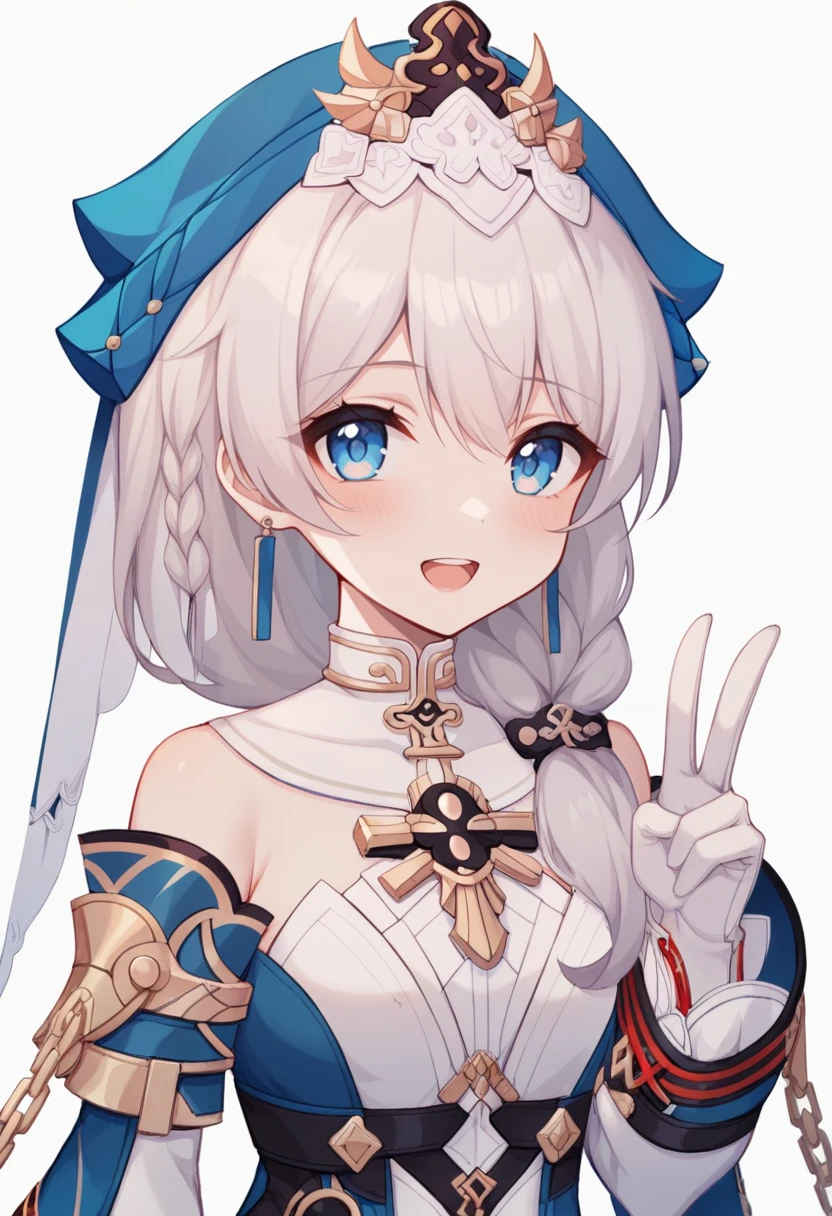 score_9,score_8_up,score_7_up,score_6_up,
<lora:Honkai3_DLS_pony:1>,Honkai_TA,1girl,solo,white hair,looking at viewer,bangs,blue eyes,white gloves,braid,blue dress,detached sleeves,white veil,chain,simple background,white background,upper_body,v,white_pantyhose,light smile,:D,open mouth,