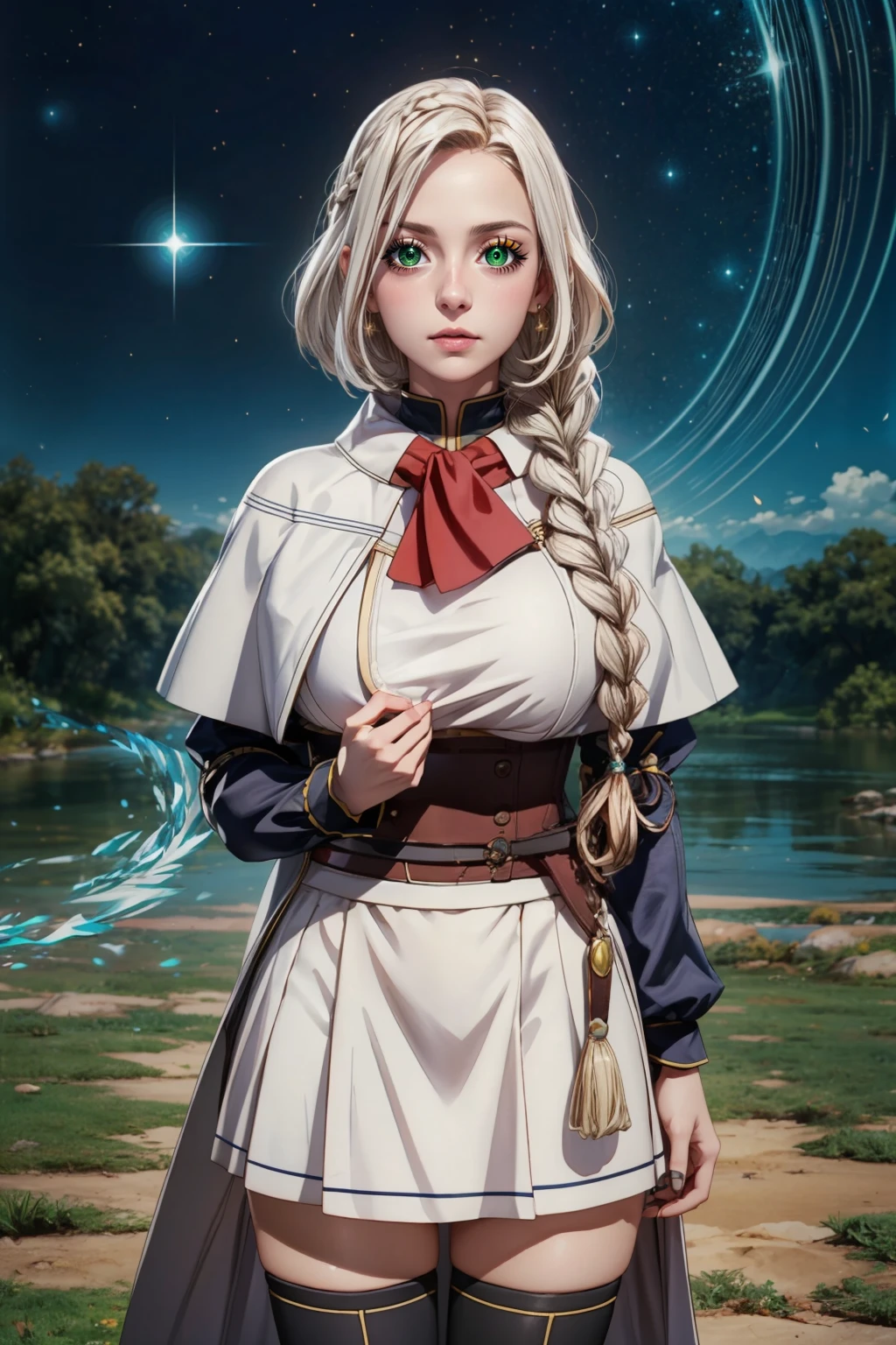 (ultra realistic,32k, masterpiece:1.2),(high detailed skin:1.1),( high quality:1.1), BREAK,   <lora:YuriUllen_kumodesuga:0.5>,   zzYuri, long hair, green eyes, braid, white hair, single braid,  capelet, long sleeves, white skirt, black thighhighs, zettai ryouiki,  BREAK,  blooming stars, luminescent petals, otherworldly fragrance blurry background, (looking at viewer, standing:1.1), huge breast, large breast, <lora:add_detail:0.92>, (glowwave:1.1),