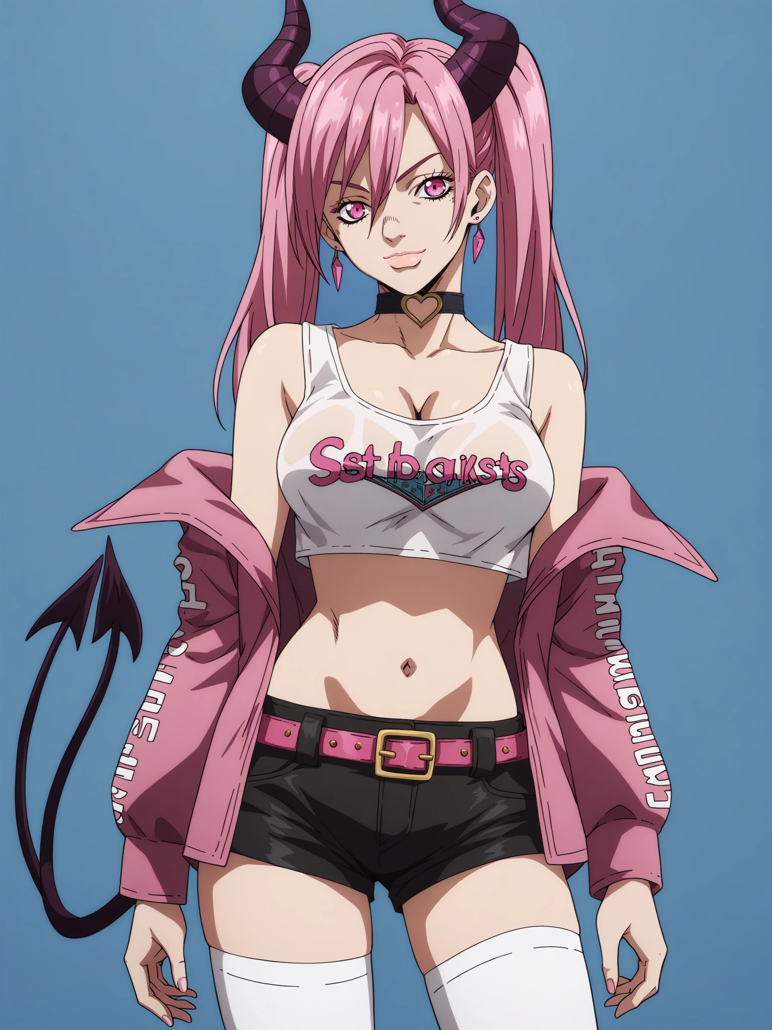 score_9, score_8_up, score_7_up, score_6_up, score_5_up,
1girl, solo, breasts, tail, pink_hair, horns, demon_tail, shorts, jacket, twintails, large_breasts, smile, looking_at_viewer, long_hair, navel, choker, black_background, pink_eyes, short_shorts, belt, demon_girl,  pink_jacket, demon_horns, simple_background, tank_top, open_jacket, cleavage, black_shorts, open_clothes, thighhighs, off_shoulder, bare_shoulders, closed_mouth, head_tilt, hair_between_eyes, cowboy_shot, jewelry, micro_shorts, collarbone, black_choker, white_thighhighs, crop_top, bangs, earrings, clothes_writing, shirt, midriff, standing, see-through, contrapposto, long_sleeves
 <lora:Jojo:1>