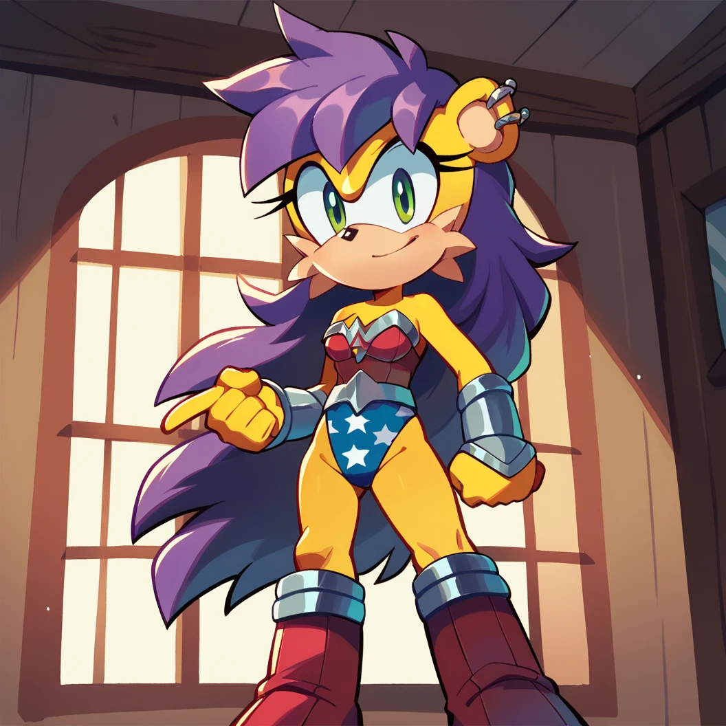 score_9, score_8_up, score_7_up, score_6_up, score_5_up, score_4_up, BREAK,  <lora:Minamongoose:1>, mina mongoose, indoors, yellow fur, purple hair, furry female, green eyes, 1girl, solo,  earrings, wearing wonder woman costume, leotard, red boots, perfect hands,