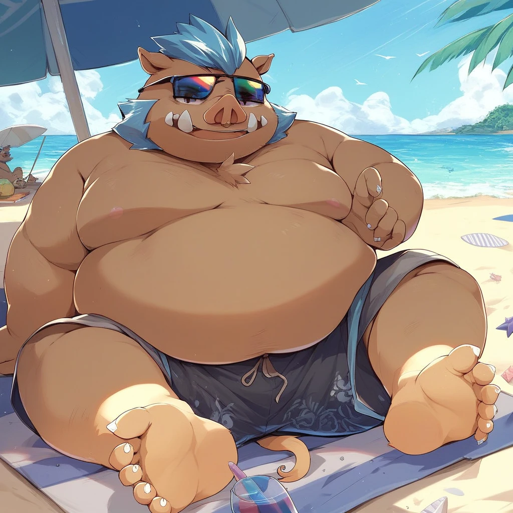 score_9, score_8_up, score_7_up, score_6_up, score_5_up, score_4_up, ganglie, housamo, anthro, pig, boar, fat, obese, light brown body, blue hair, five toes, outside, beach background, beach scenery, water, relaxing, laying down, looking at viewer, sunglasses, barefoot, wearing shorts