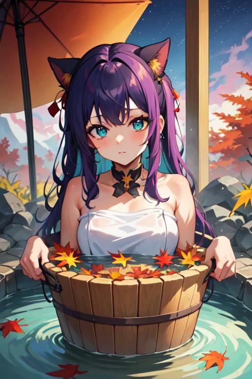 onsenochekaiser, aqua eyes, streaked hair, autumn leaves, purple hair, star (sky), maple leaf, bow, jewelry, wooden bucket, flower, <lora:467acfa5-b451-4e1f-87c2-dc8285869944:0.7>