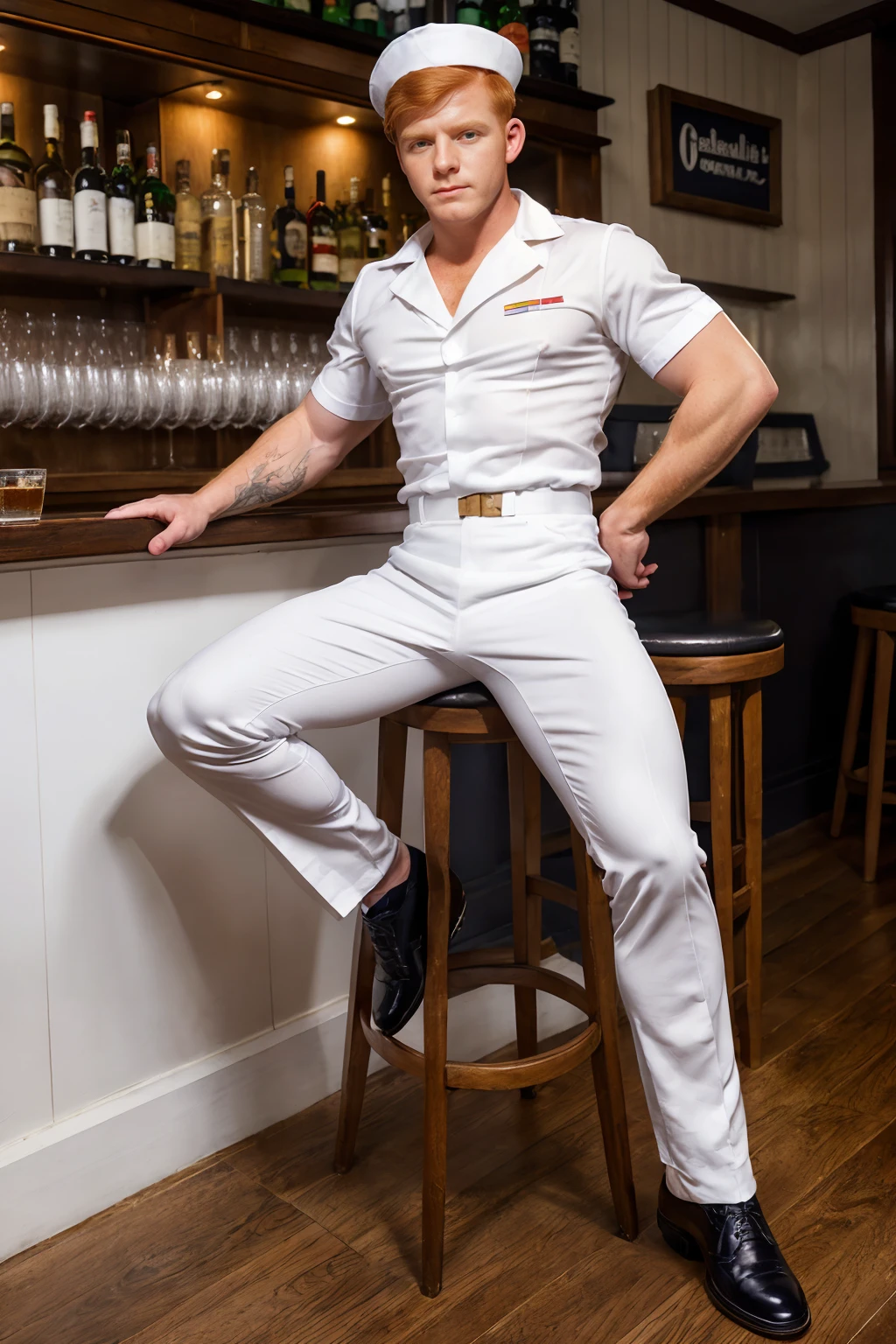 1940's style bar, sitting at the bar, bar stool, suave and confident, ginger hair, BennettAnthony, holding hi ball of whiskey, wearing Navy sailor uniform, (Undress White Service Uniform), white cap, white shirt, white bell bottom pants, (black shoes), (male focus:1.5),  (((full body portrait))), wide angle,  <lora:BennettAnthony:0.8>