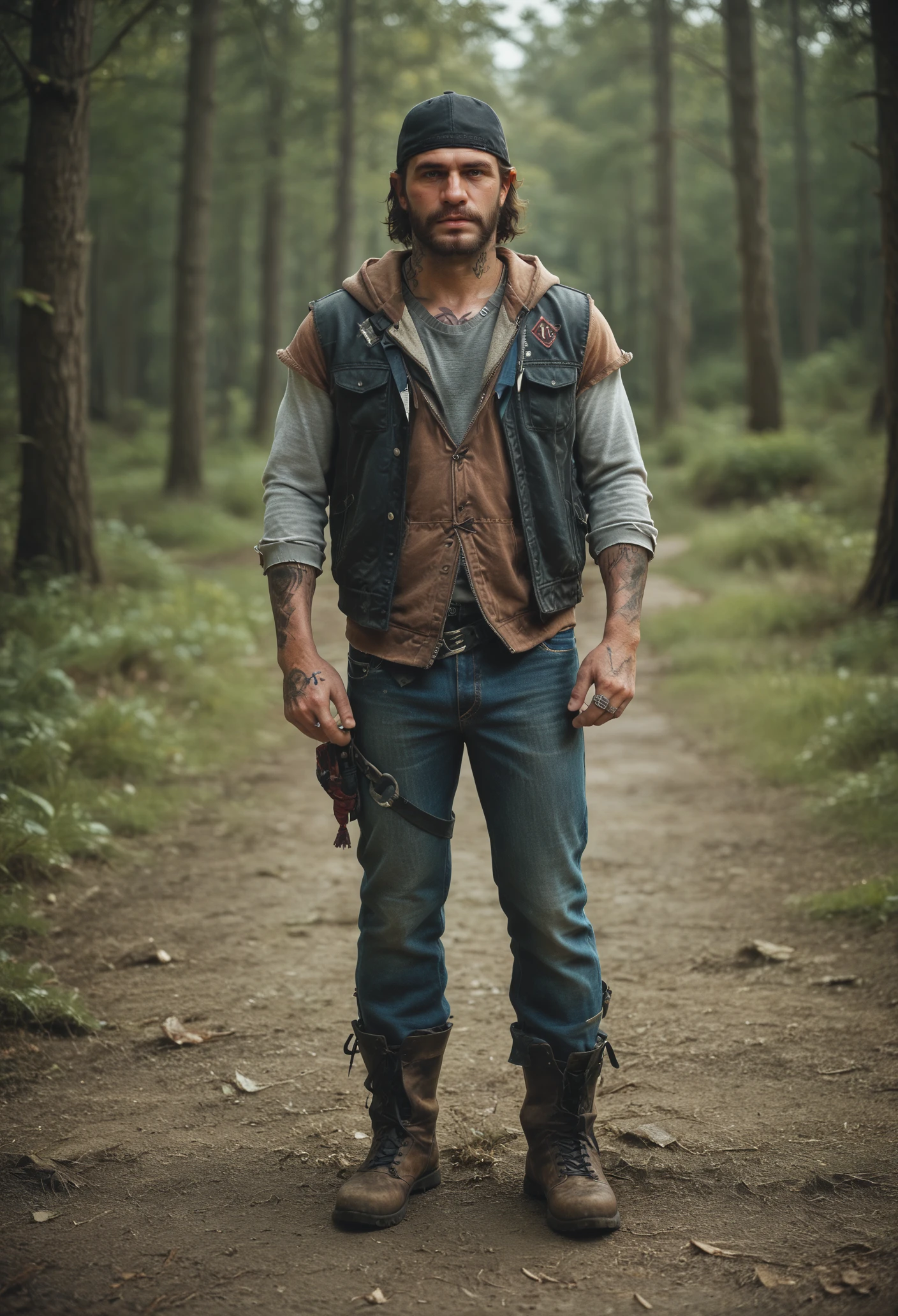 score_9, score_8_up, score_7_up, BREAK 1boy, solo, mature male, looking at viewer, full body, muscular,
beard, mustache, short hair, black vest, brown hoodie, jeans, thigh strap, boots, tattoo, baseball cap, backward hat,
standing, grey shirt,
outdoors, forest path, sunny,  <lora:Deacon_St._John:0.7>