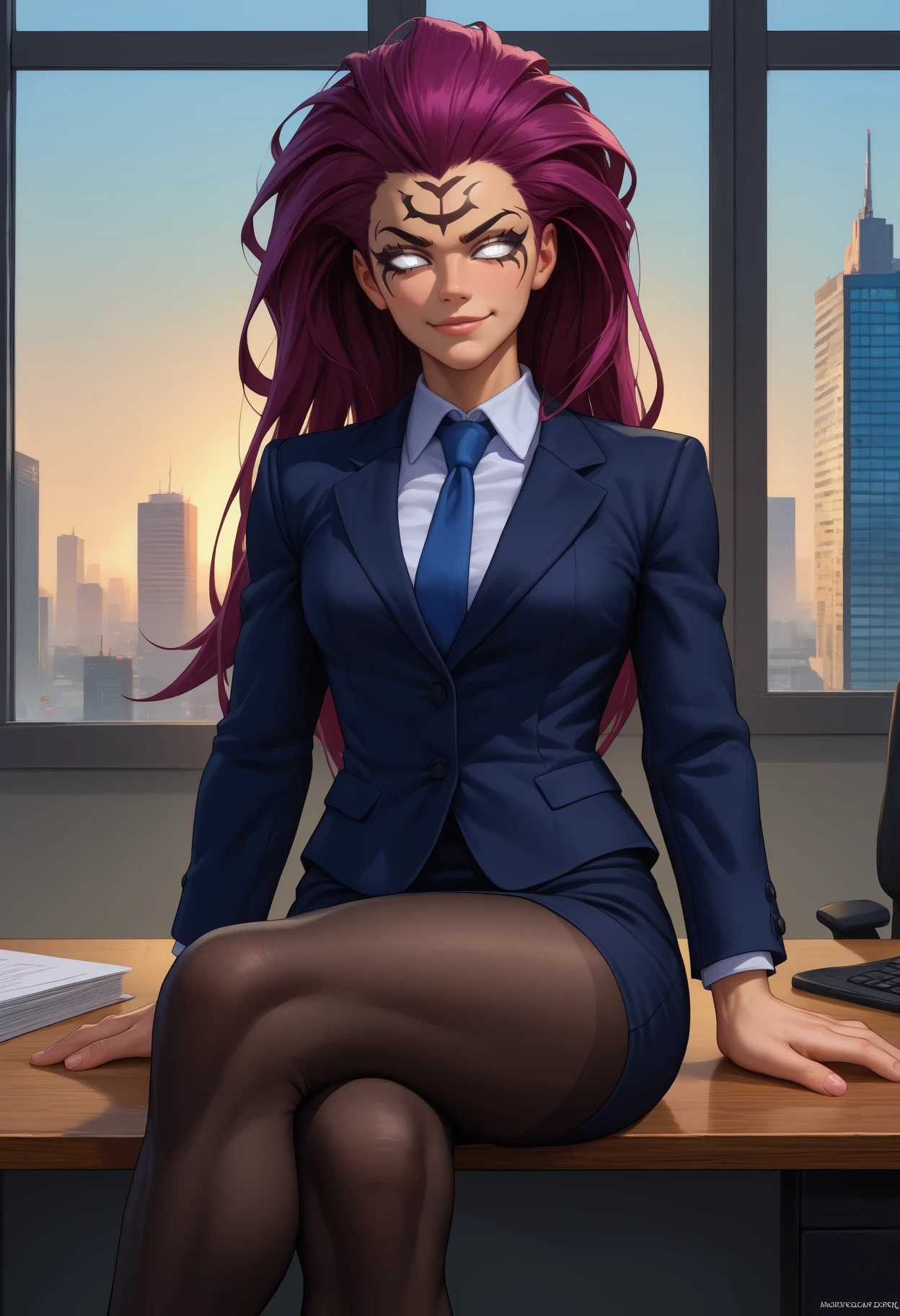 score_9, score_8_up,score_7_up, source_anime, 1girl, solo, <lora:Drksdfry_pdxl_EliPot:1> drksdfry, long hair, glowing eyes, white eyes, no pupils, purple hair, toned, muscular, muscular female, facial mark, 
office lady, black pantyhose looking at viewer, smug, toned, sitting, crossed legs, sitting on table, indoors, office, window, cityscape,