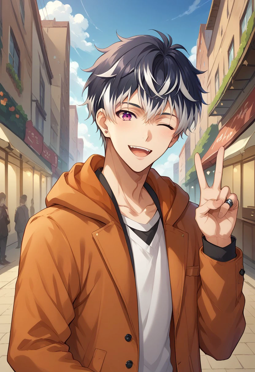 score_9, score_8_up, score_7_up, source_anime, highly detailed,
momosesunohara, 1boy, male focus, solo, multicolored hair, jewelry,
hood, smile, looking at viewer, jacket, white hair, hoodie, ring, black hair, purple eyes, v sign, wink, open mouth
outdoor, sky, buildings,