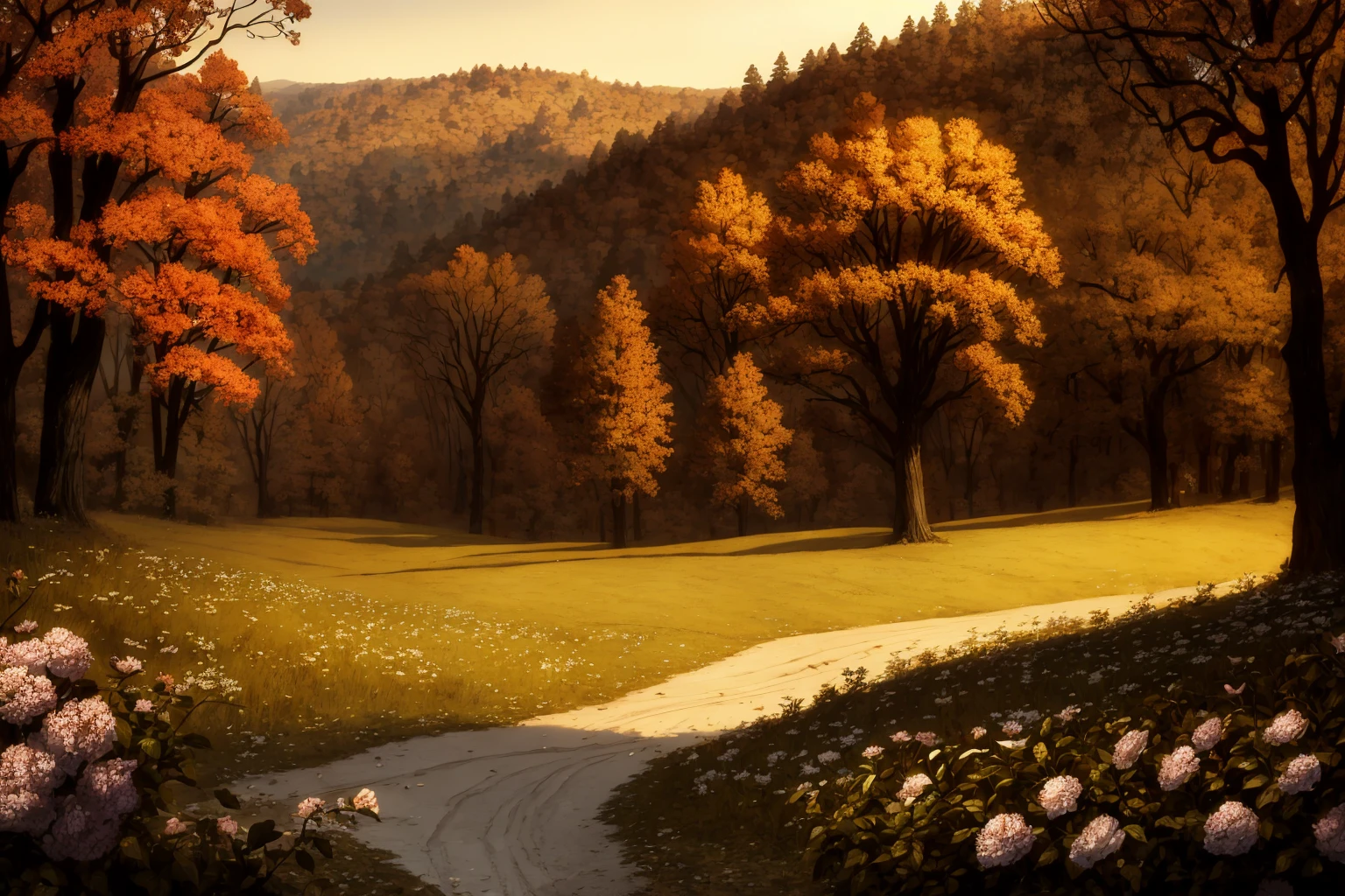 masterpiece, ultra-detailed, best quality, illustration, 8k cg wallpaper, an extremely delicate and beautiful, stunning landscape, forest, trees, bushes, flowers, grass, intricately detailed items in background, <lora:OtGW:1>