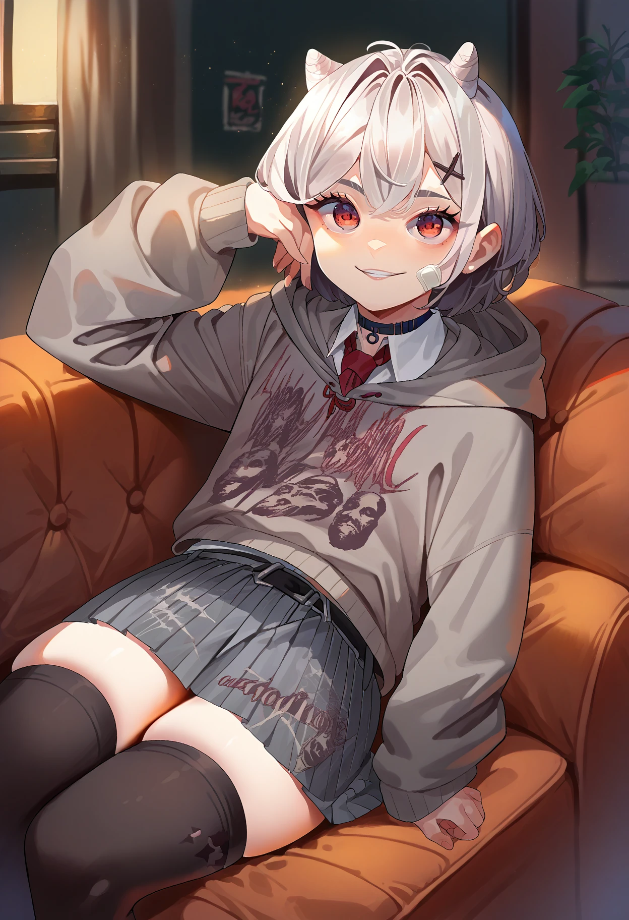 score_9, score_8_up, source_anime, 1girl, solo, SarueiSchool, grey hair, short hair, bandaid on face, black choker, red necktie, grey hoodie, print hoodie, grey skirt, black thighhighs, sitting, indoors, on couch, smile, <lora:ChamSarueiPonyXL:1>