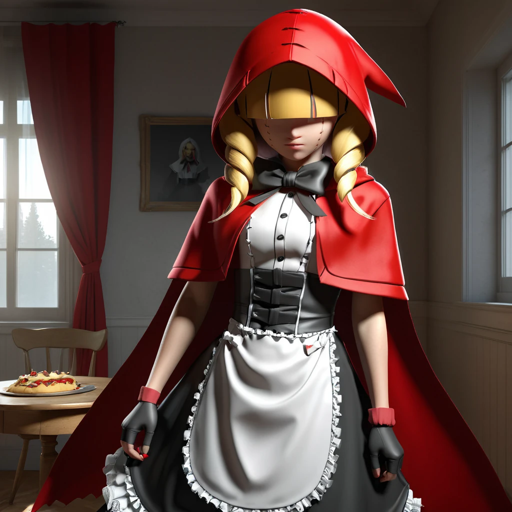 sfw, masterpiece, best quality,absurderes,3d,octane render,hdr,dynamic lightingcropped,portrait,1girl,solo,chaperomon, expressionless,hair over eyes blonde hair,maid dress,stitched face,red hood,indoors, <lora:ChaperomonXL:0.95>