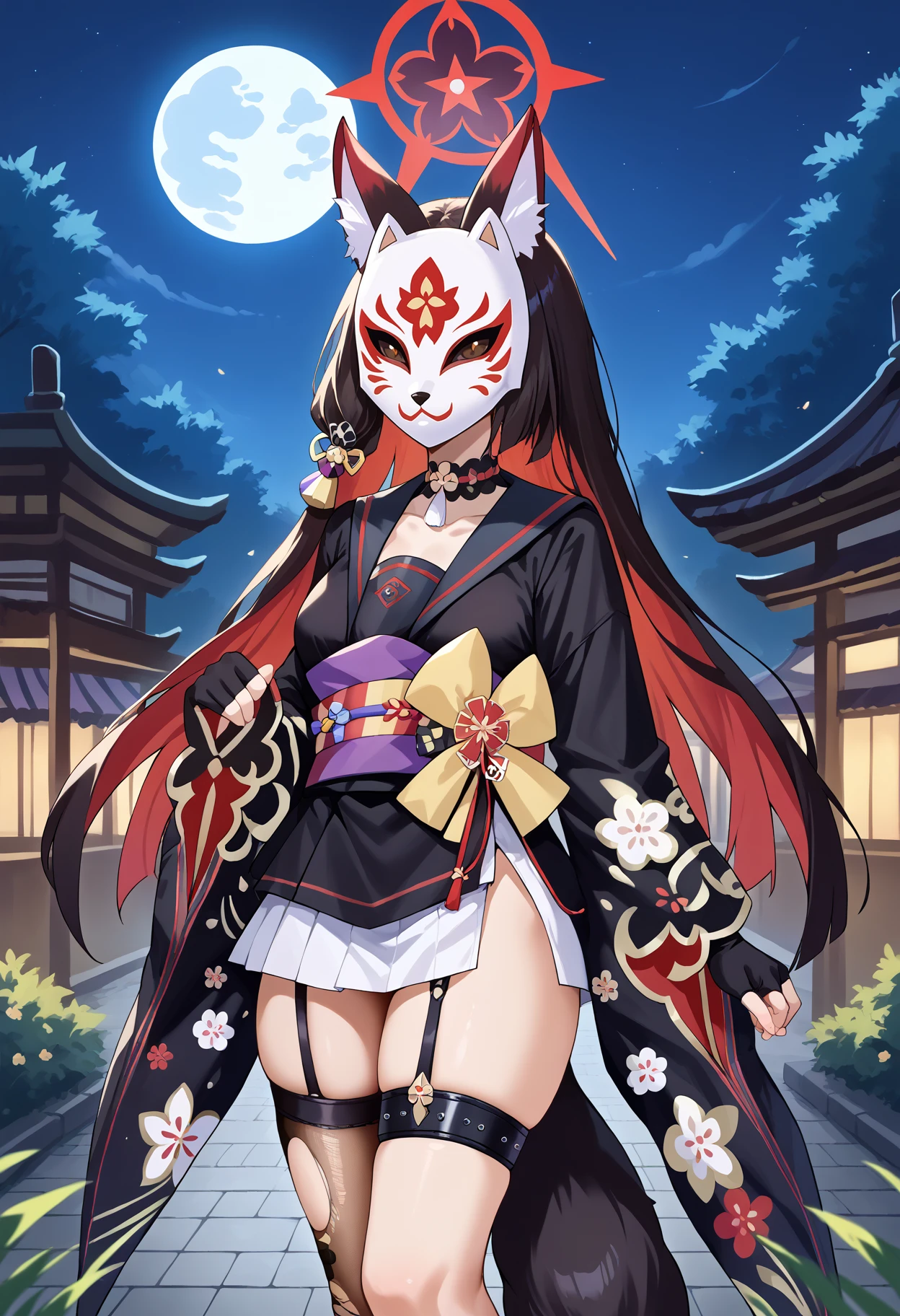 score_9, score_8_up, source_anime, 1girl, solo, WakamoDefault, animal ears, tail, multicolored hair, long hair, halo, mask, fox mask, covered face, choker, black sailor collar, black kimono, short kimono, wide sleeves, floral print, obi, white skirt, fingerless gloves, thigh strap, single thighhigh, torn thighhigh, fishnet thighhigh, outdoors, night, moon, dark, <lora:ChamKosakaWakamoPonyXL:1>