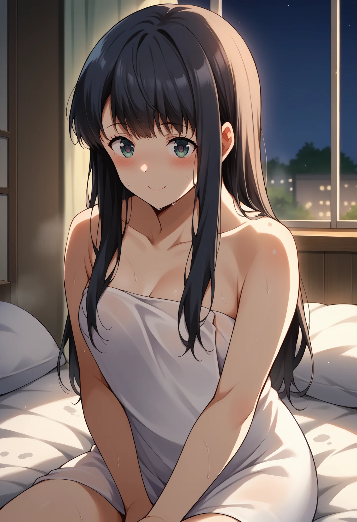 score_9, score_8_up, source_anime, 1girl, solo, SuzuneInukami, long hair, sidelocks, after bathing, bare shoulders, naked towel, on bed, sitting, towel, wet hair, smile, blush, love hotel, bedroom, night, window, <lora:ChamSuzuneInukamiPonyXL:1>