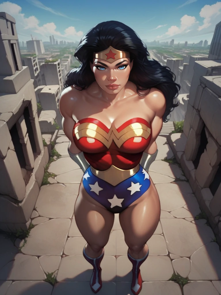 score_9, score_8_up, score_7_up, high quality, masterpiece, <lora:WonderWoman-100reps:1> Diana, 1girl, long hair, tiara, blue eyes, leotard, star (symbol), boots, bracers, black hair, rooftop, standing, hands behind back, from above, close up, superhero, ruins, city ruins, battlefield