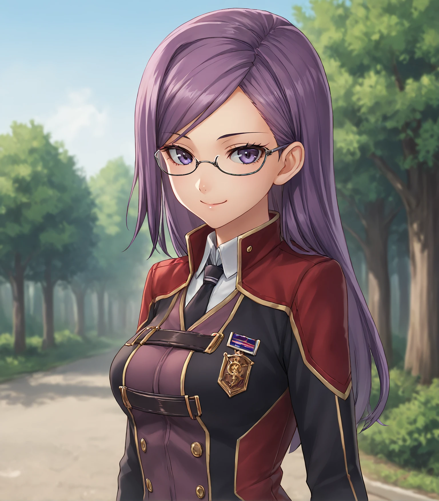 score_9, score_8_up, score_7_up, score_6_up, score_5_up, score_4_up, BREAK source_anime,
1girl, solo,  <lora:AdaGrant:0.9>, Ada Grant, purple hair, long hair, medium breasts, glasses, red school uniform, miniskirt, black pantyhose, black boots,, 
upper body, portrait looking at viewer, smile, outdoors, sky, trees, 
<lora:Racoonkun_Artist_Style:0.6>, racoonsan,,