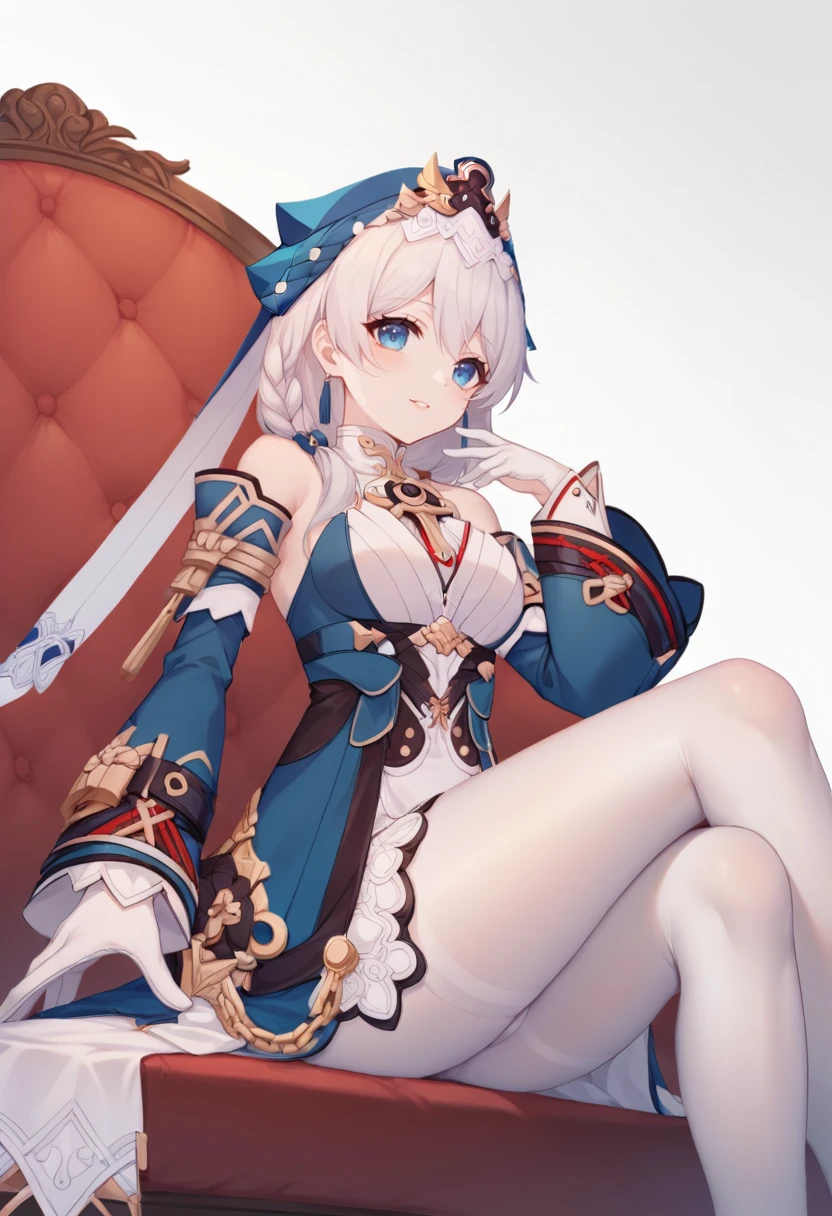 score_9,score_8_up,score_7_up,score_6_up,
<lora:Honkai3_DLS_pony:1>,Honkai_TA,white hair,looking at viewer,bangs,blue eyes,closed mouth,white gloves,smile,sitting,red sofa,braid,blue dress,detached sleeves,white veil,chain,simple background,white background,from_below,upper_body,arm on knee,white_pantyhose,