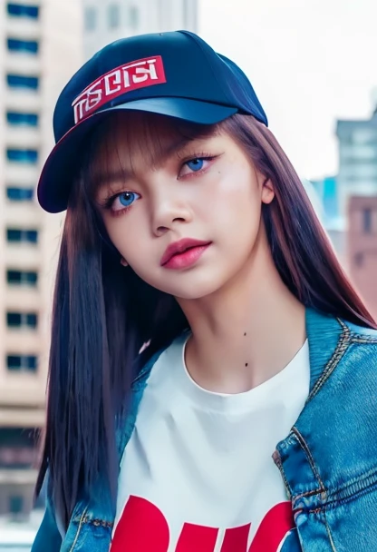 lalisa, girl posing for pic in front of tall building.
Blue eyes. small perfecteyes 
Wearing ripped Denim jacket red trucker hat
no makeup. Clear skin.  realistic skin style
Long dark black slick back hair. No makeup. Dusk, Street light. Looking at camera POV. Slight smile, tilting head.. Tilt head.
Medium Close Up shot. Bokeh. Bokeh light.