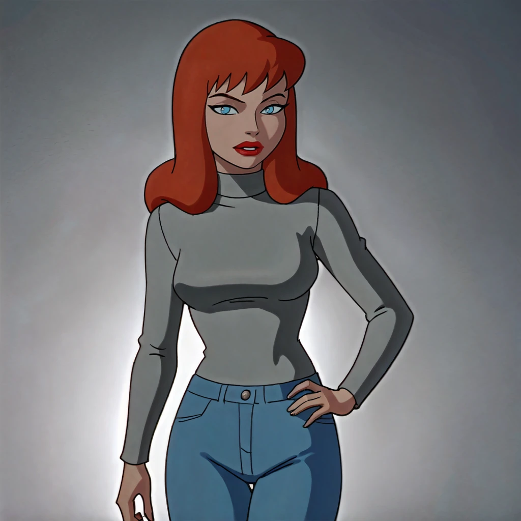 <lora:batgirlbtas_pony_v1:.7>BarbaraLongShirt, 1girl, solo, lipstick, makeup, red lips, red hair, long hair, blue eyes, medium breasts, shirt, pants, turtleneck, long sleeves, sweater