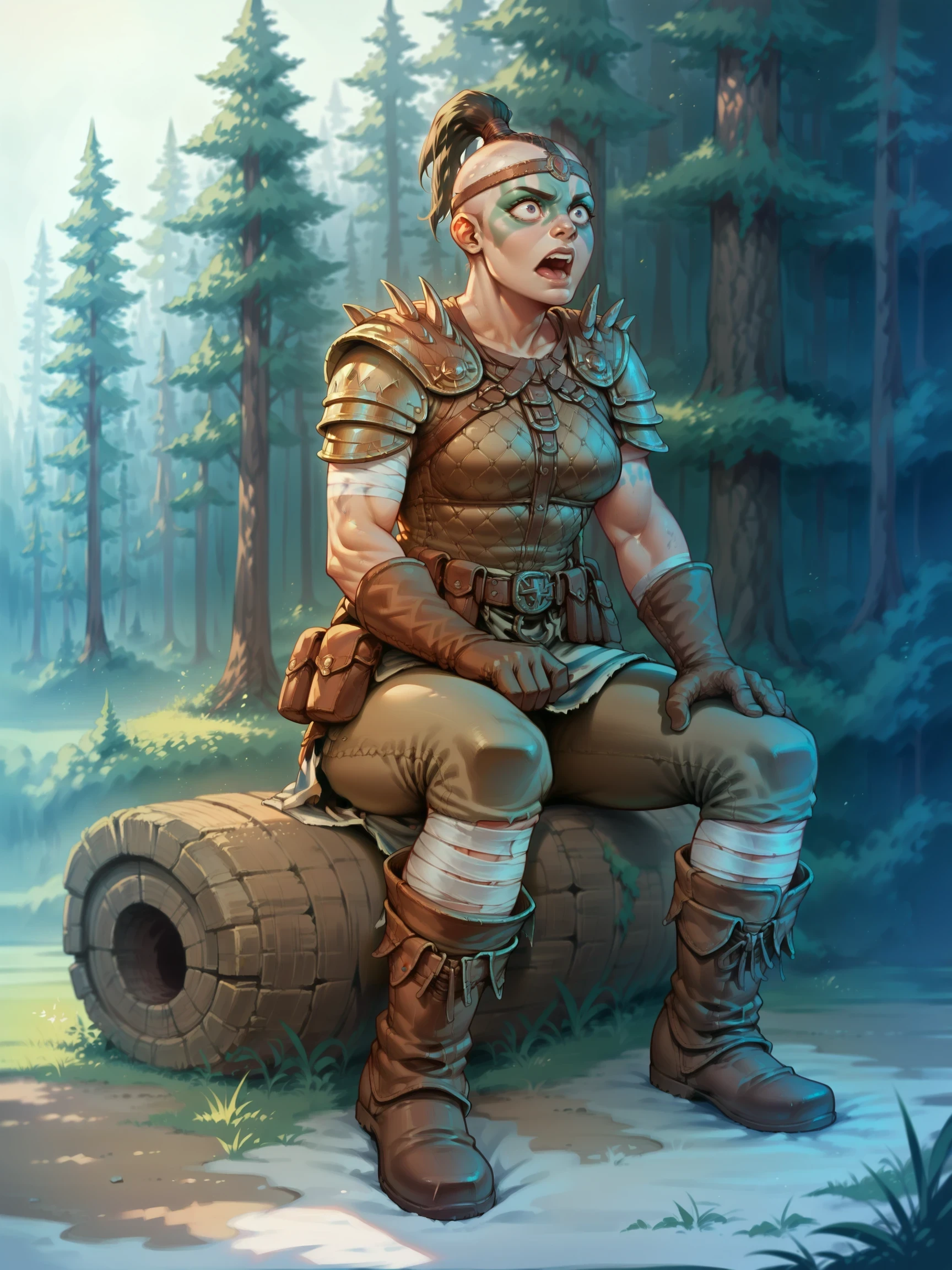 (((Sitting on a tree trunk))), Fearful, Wide-open eyes, a furrowed brow, and a slightly open mouth, Sham4nForHonor, 1girl, score_9, score_8_up, score_7_up, masterpiece, outdoors, forest, snow, warpaint,  shaved head, topknot, leather headband, gloves, boots, bandages, pants, pouches, armor, 