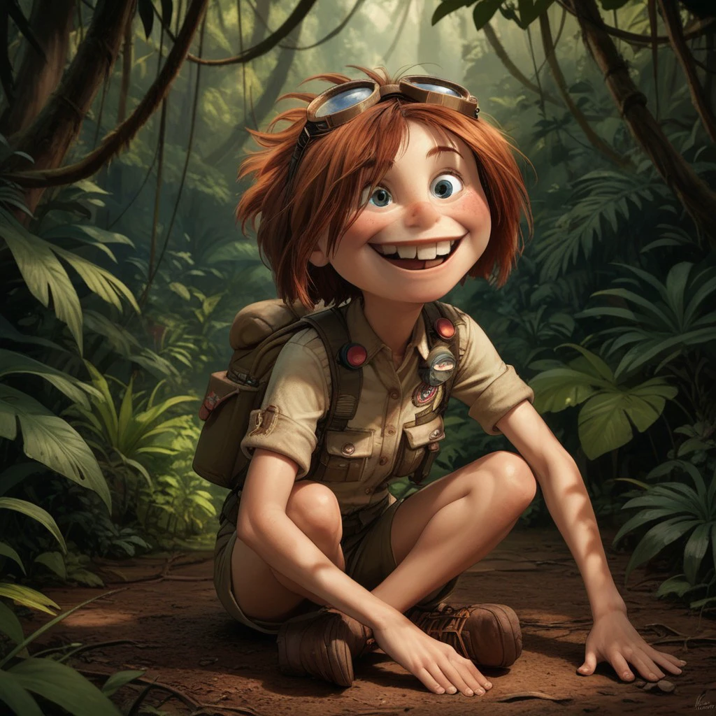 score_9, score_8, score_7, score_6, 1girl, EllieUp, auburn hair, solo, happy, missing tooth, portrait, sitting on the ground, camping, jungle, skinny, flight goggles