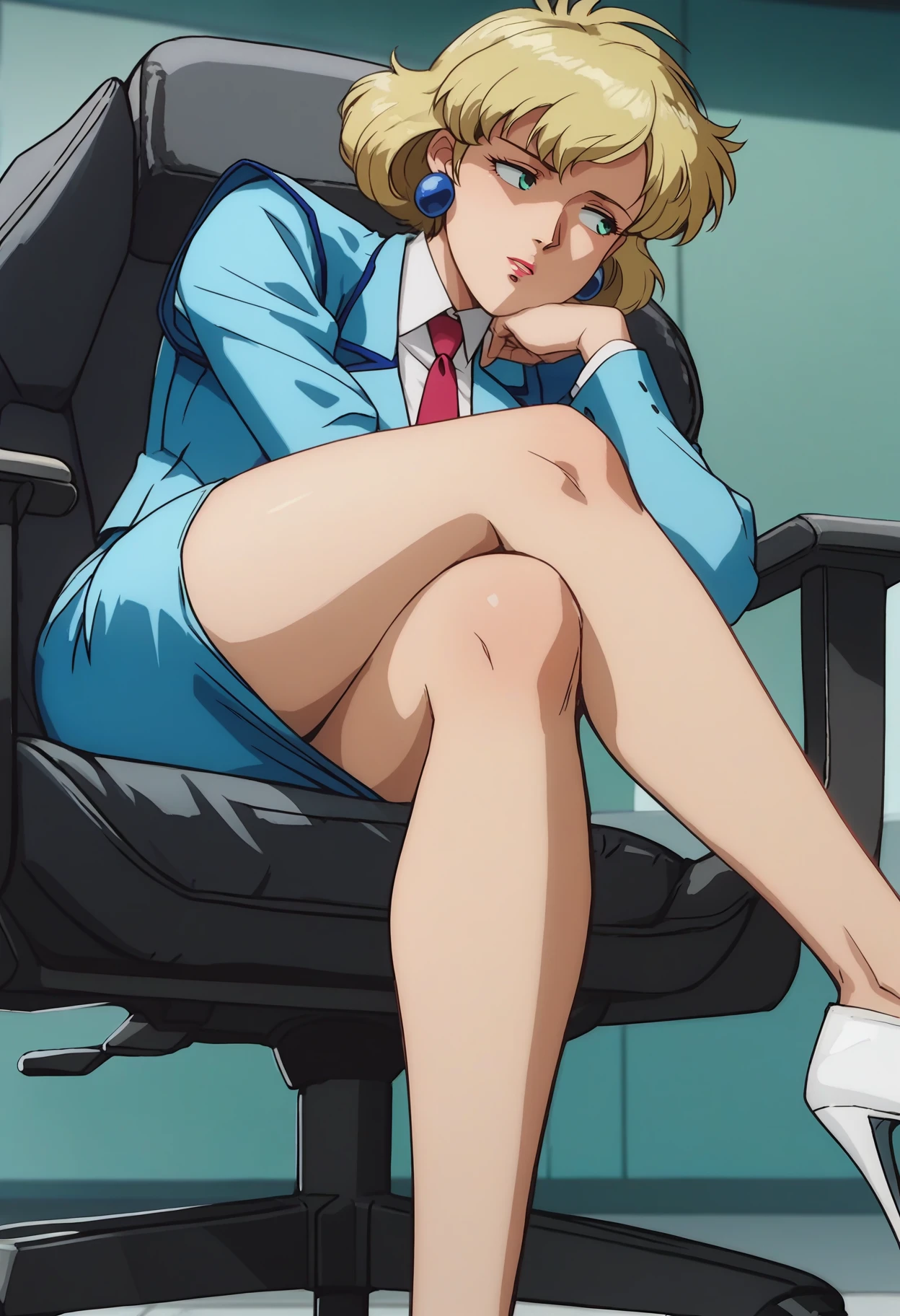 score_9, score_8_up, score_7_up, score_6_up, anime screencap, anime coloring, <lora:G0083NP:0.9>, G0083NP, blonde hair, short hair, lipstick, green eyes,
earrings, red necktie, suit, blue jacket, closed jacket, pencil skirt, blue skirt, high heels, white footwear,
sitting, crossed legs, looking away, swivel chair, close-up, hand on own chin,