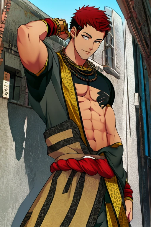 (masterpiece),(best_quality),1boy,Jizou,bead necklace,bare pectorals,single short sleeve,crop top black shirt,chest tattoo,monk,<lora:Jizou:1>,