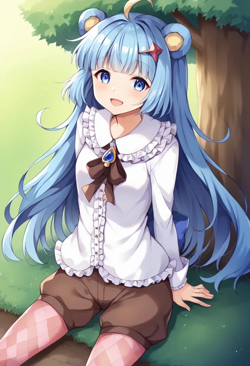 score_9,score_8_up,score_7_up,source_anime,masterpiece,best quality,game cg,1girl,solo,little_girl,tsukino_(show_by_rock!!),blue hair,ahoge,hime cut,blue eyes,hair ornament,bear ears,very long hair,animal ears,blue tail,<lora:tsukinoSB69:0.8>,chokyuruiyu_clo,bow,frills,white shirt,long sleeves,brown pantyhose,pink pantyhose,argyle,argyle legwear,brown shorts,center frills,<lora:chokyuruiyuSB69:0.8>,looking_at_viewer,open mouth,kind_smile,park,arms_behind_back,