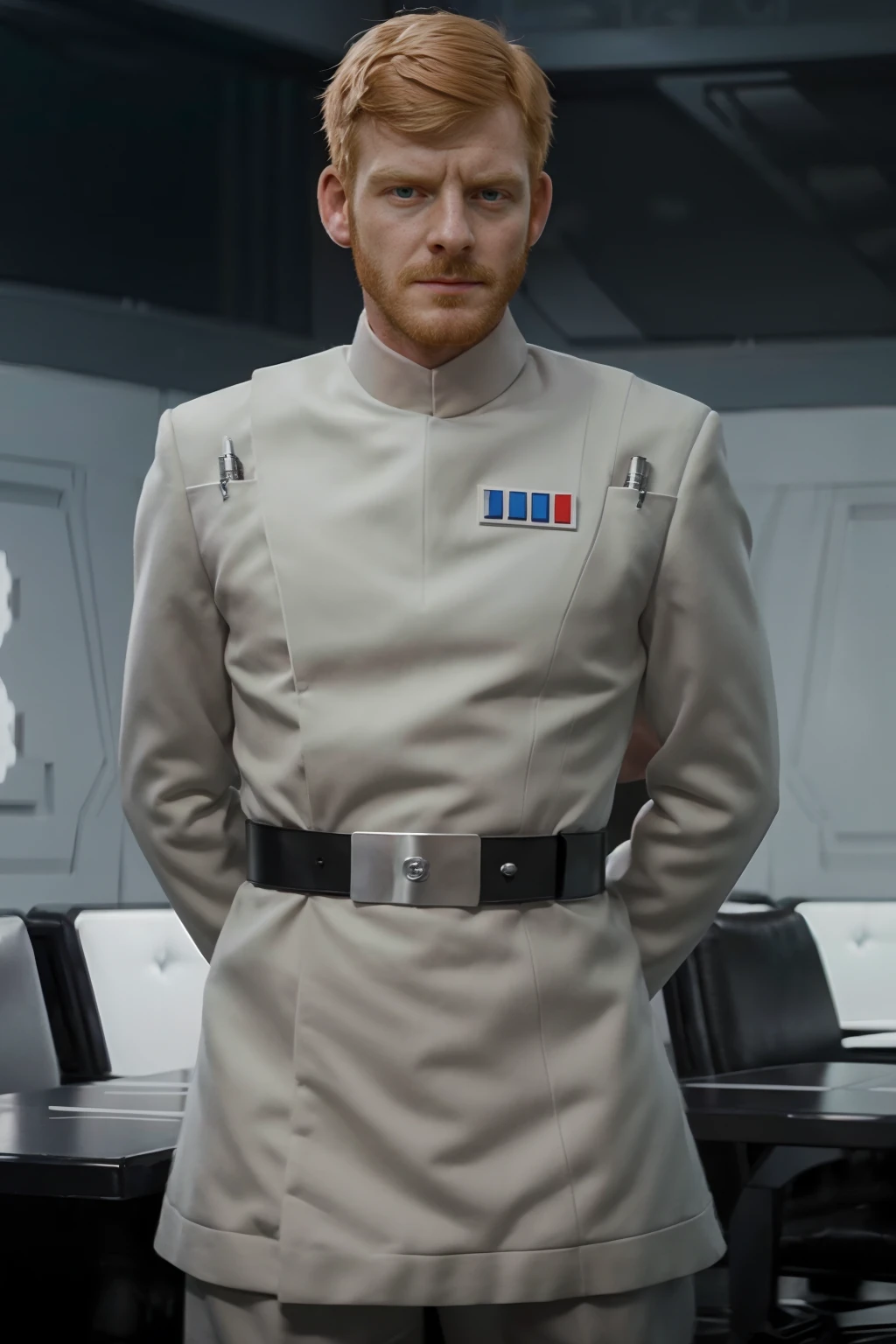 Star Wars, Conference room, Imperial Emblem on the wall, standing, slight smile, ginger hair, BennettAnthony wearing white imperialofficer uniform, white cape,  ((full body portrait)), wide angle,  <lora:BennettAnthony:0.8>   <lora:ImpofficerV2:0.7>