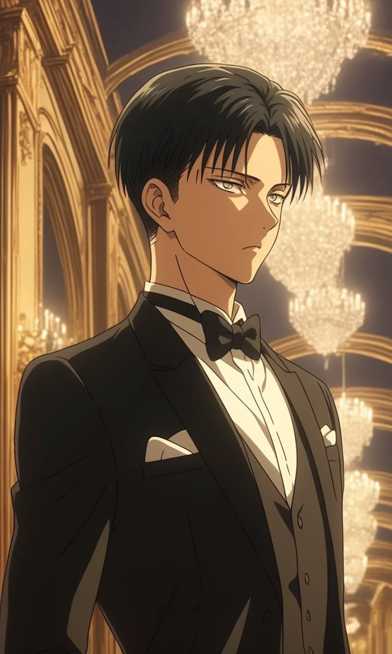 1boy, Levi from  Shingeki no Kyojin, BREAK source_anime , best quality,   wearing a black tuxedo with a bow tie, formal setting,  elegant lighting, evening atmosphere, detailed background  ,  <lora:tuxedo:0.6>