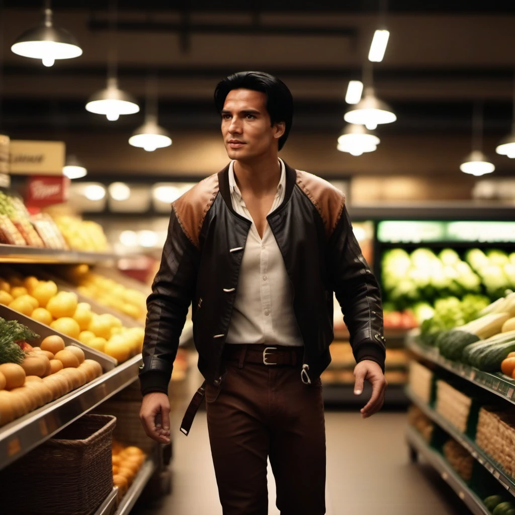 cinematic photo a full body portrait of a man, black hair, jacket, leather, is shopping in a grocery shop <lora:RidleyFreeborn1024:0.8> . 35mm photograph, film, bokeh, professional, 4k, highly detailed