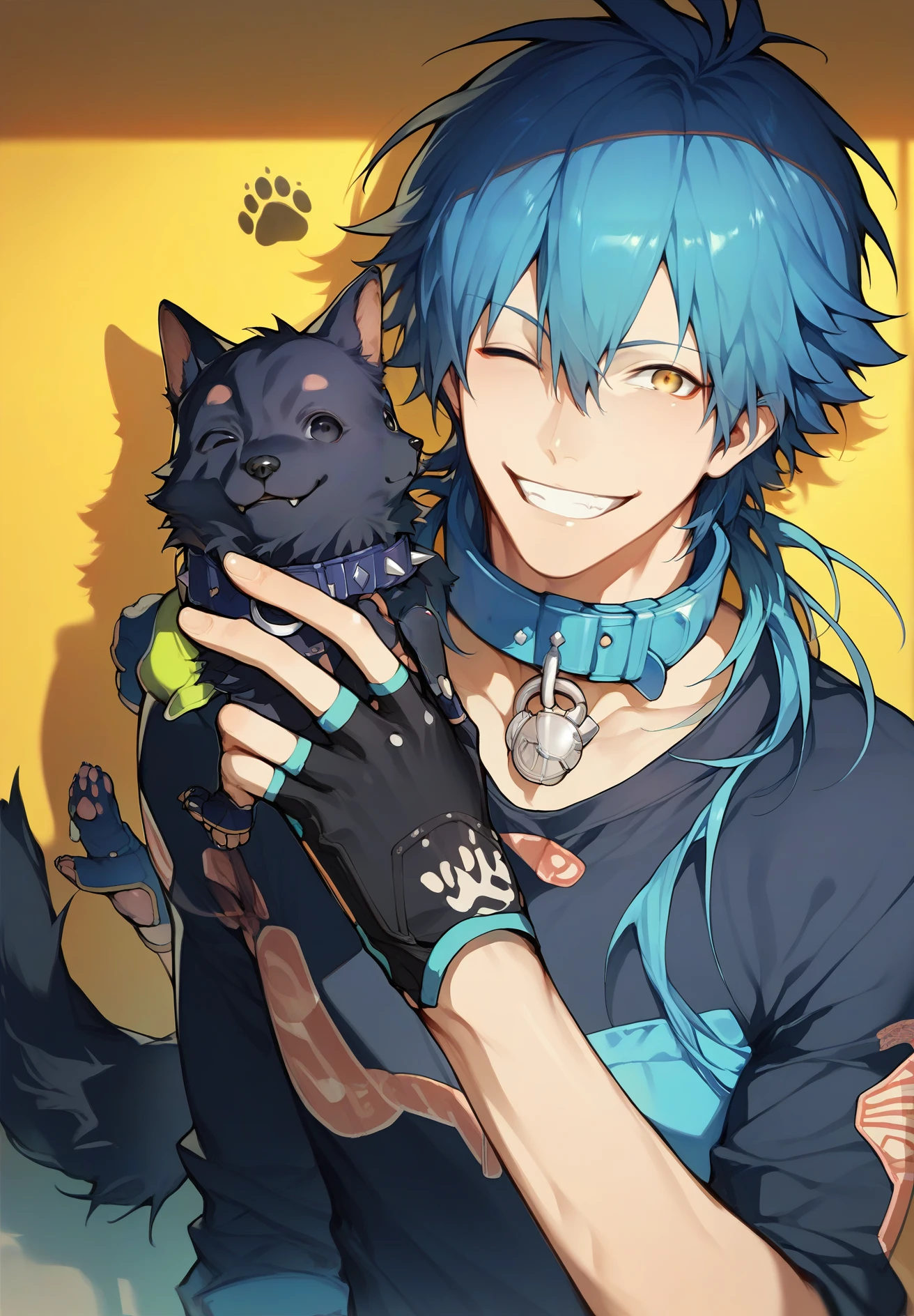 score_9,score_8_up,score_7_up,source_anime,seragaki_aoba,male focus,dog,blue hair,1boy,one eye closed,yellow eyes,gloves,smile,fingerless gloves,grin,paw print,collar,solo,animal,,,<lora:Seragaki_Aoba:0.9>,<lora:somoss:0.8>