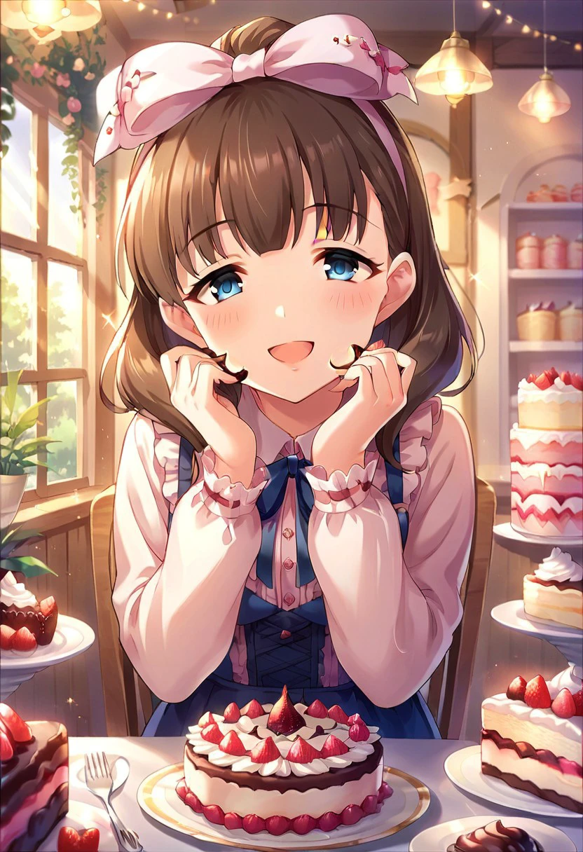 score_9, score_8_up, score_7_up, source_anime,sakuma mayu, brown hair, blue eyes, food, cake, open mouth, smile, looking at viewer, hair bow, bow, blush