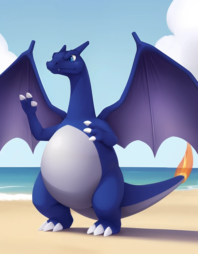 (((detailed eyes, detailed face))), ((feral, blue charizard <lora:character_charizard_ssb_findigo_v1:0.9>, blue skin, purple wings, blue eyes, white claws, 3 fingers), flame-tipped tail, claws), male, (solo), (plump, fat, chubby, overweight), (nude), standing, (arms up), smile, (front view) BREAK (konzaburou, ukan_muri), beach, (flat shading, flat color, high brightness), 8k, UHD, masterpiece, (full body)