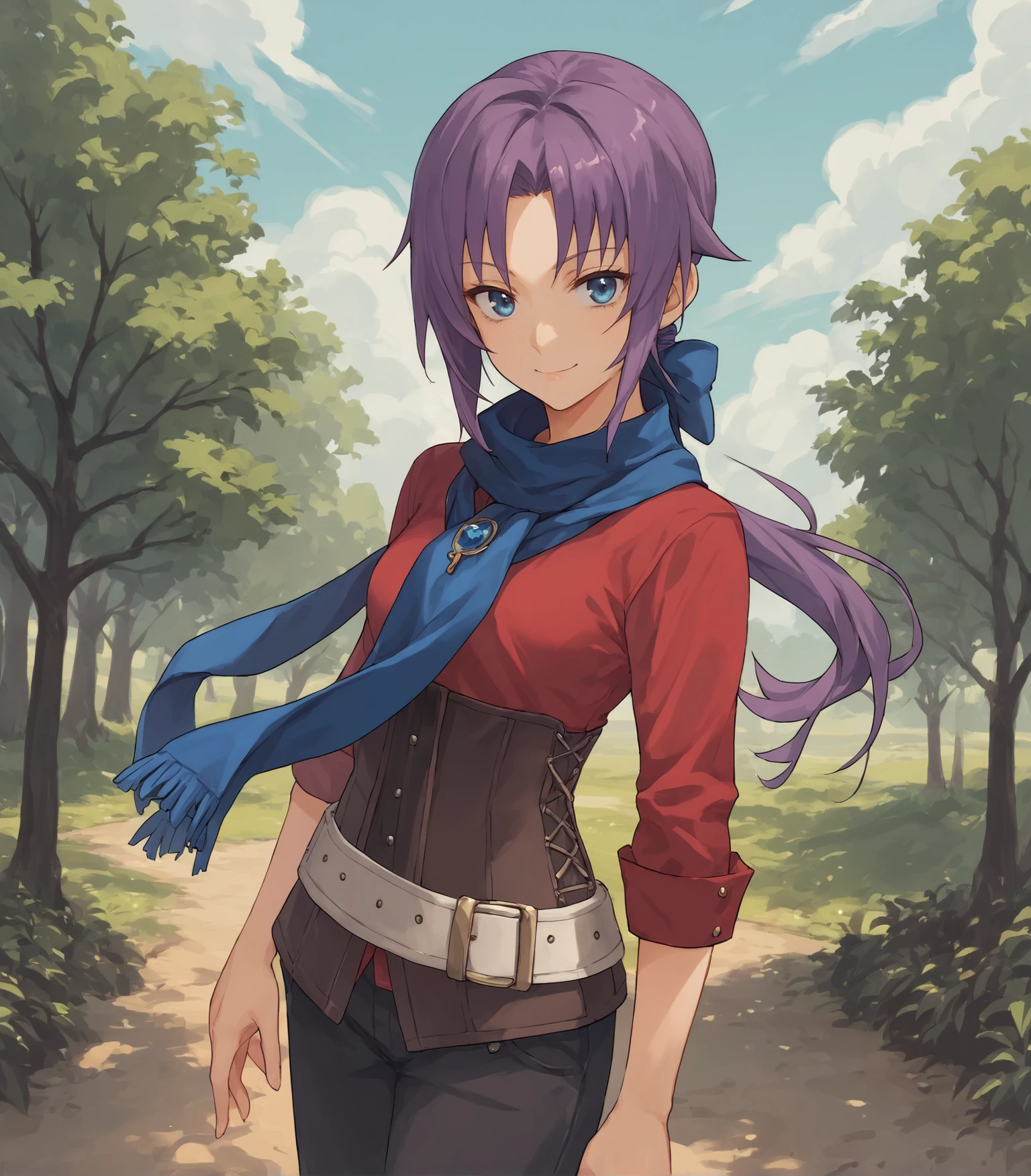 score_9, score_8_up, score_7_up, score_6_up, score_5_up, score_4_up, BREAK source_anime,
1girl, solo,  cowboy shot  looking at viewer, smile, outdoors, sky, trees, 
 <lora:AngelicaCS4:0.9>, Angelica Rogner, purple hair, long hair, ponytail, blue eyes, red shirt, blue scarf, blue neckwear, brown corset, pants, black boots, white belt