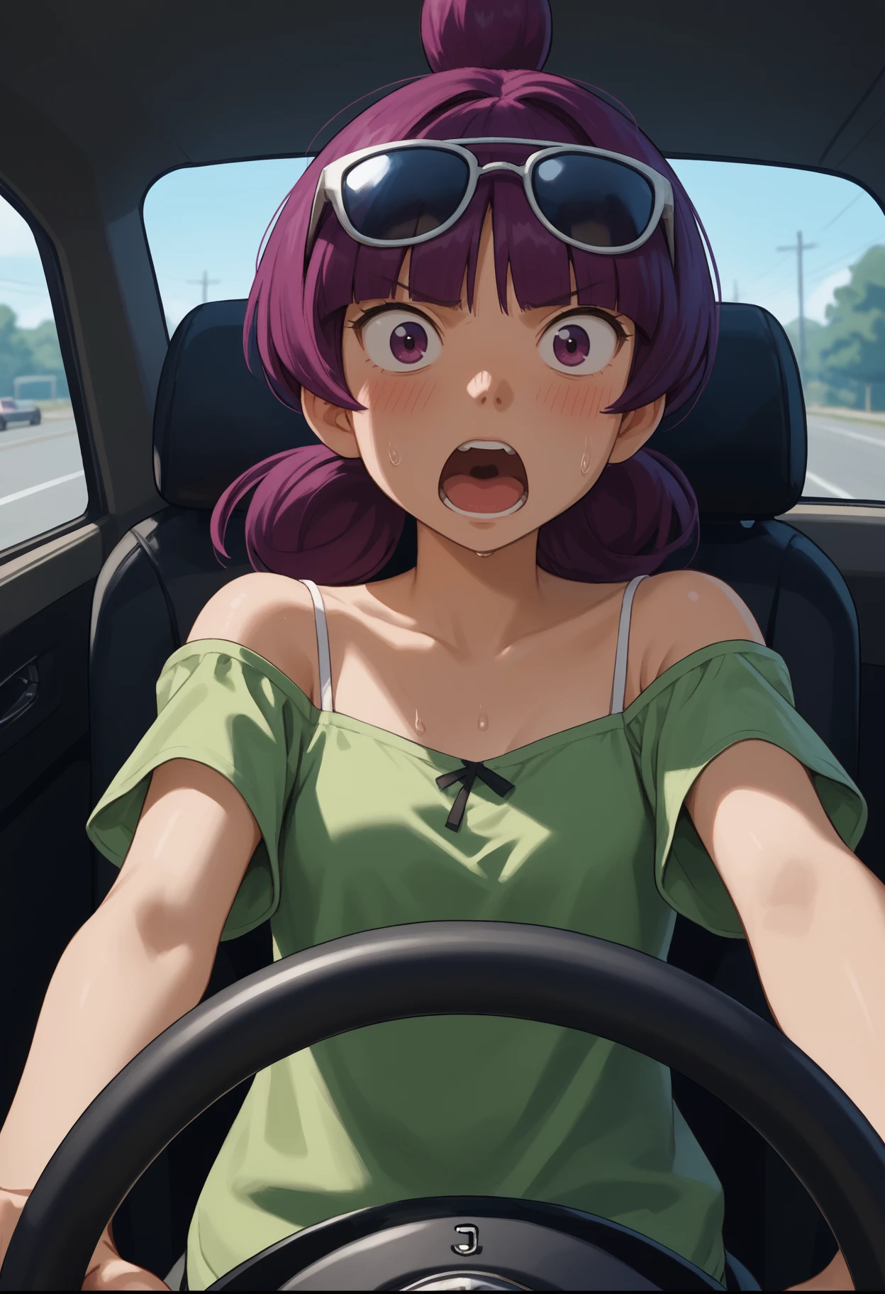 score_9, score_8_up,score_7_up, source_anime, 1girl, solo, <lora:Jptr_pdxl_EliPot:1>, gingadanjupiter, purple hair, purple eyes, medium hair,
 eyewear on head, sunglasses, !, !!, blush, green shirt, driving, looking at viewer, motion blur, open mouth, shirt, short sleeves, spaghetti strap, steering, steering wheel, surprised, sweat, upper body, screaming, panicking, wide-eyed,