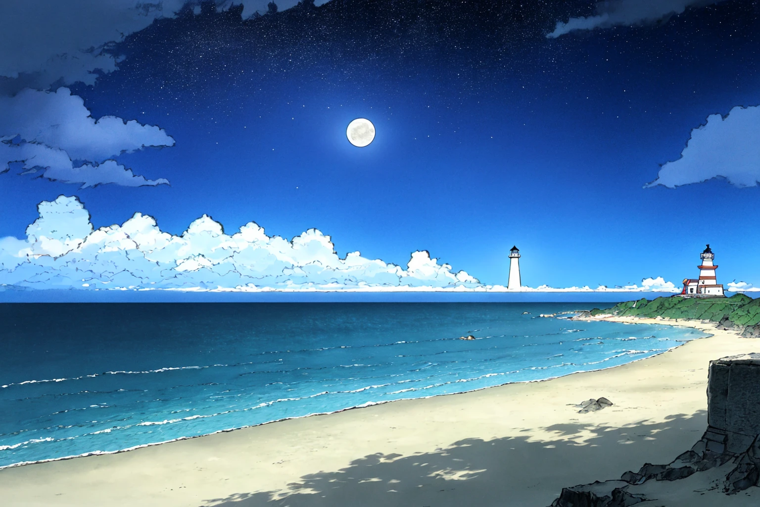 masterpiece, ultra-detailed, best quality, illustration, 8k cg wallpaper, an extremely delicate and beautiful, stunning landscape, beach, lighthouse, moon, stars, clouds, intricately detailed items in background, <lora:TPK:1>