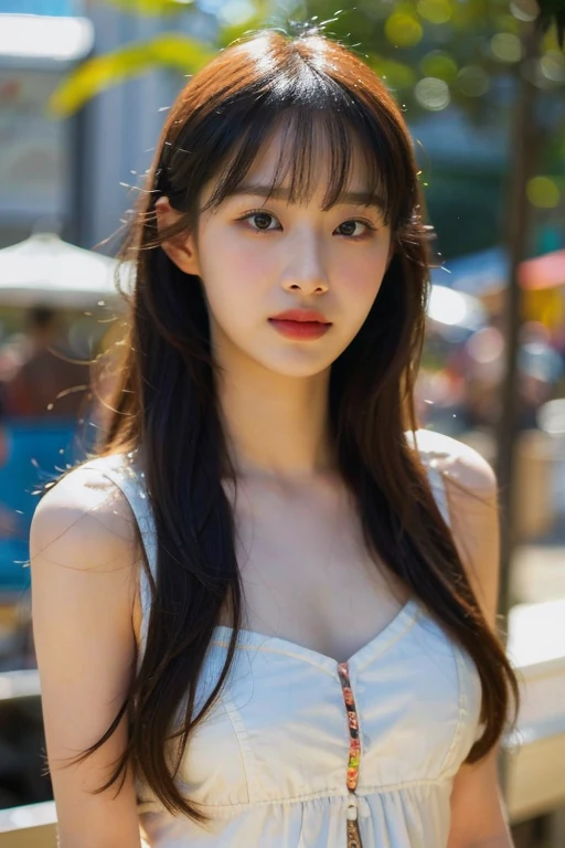 masterpiece, best quality, ultra-detailed, ultra high res, (photorealistic:1.4), raw photo, (realistic:0.2), 8k HDR, realistic lighting, looking at viewer, 1girl, solo, asymmetrical hair, outdoor, sky, (traditional market:1.2), bokeh, (detailed lips), (detailed pores), (detailed skin textures), (detailed face:1.2), (body:1.2), a woman in a sundress, cowboy shot,