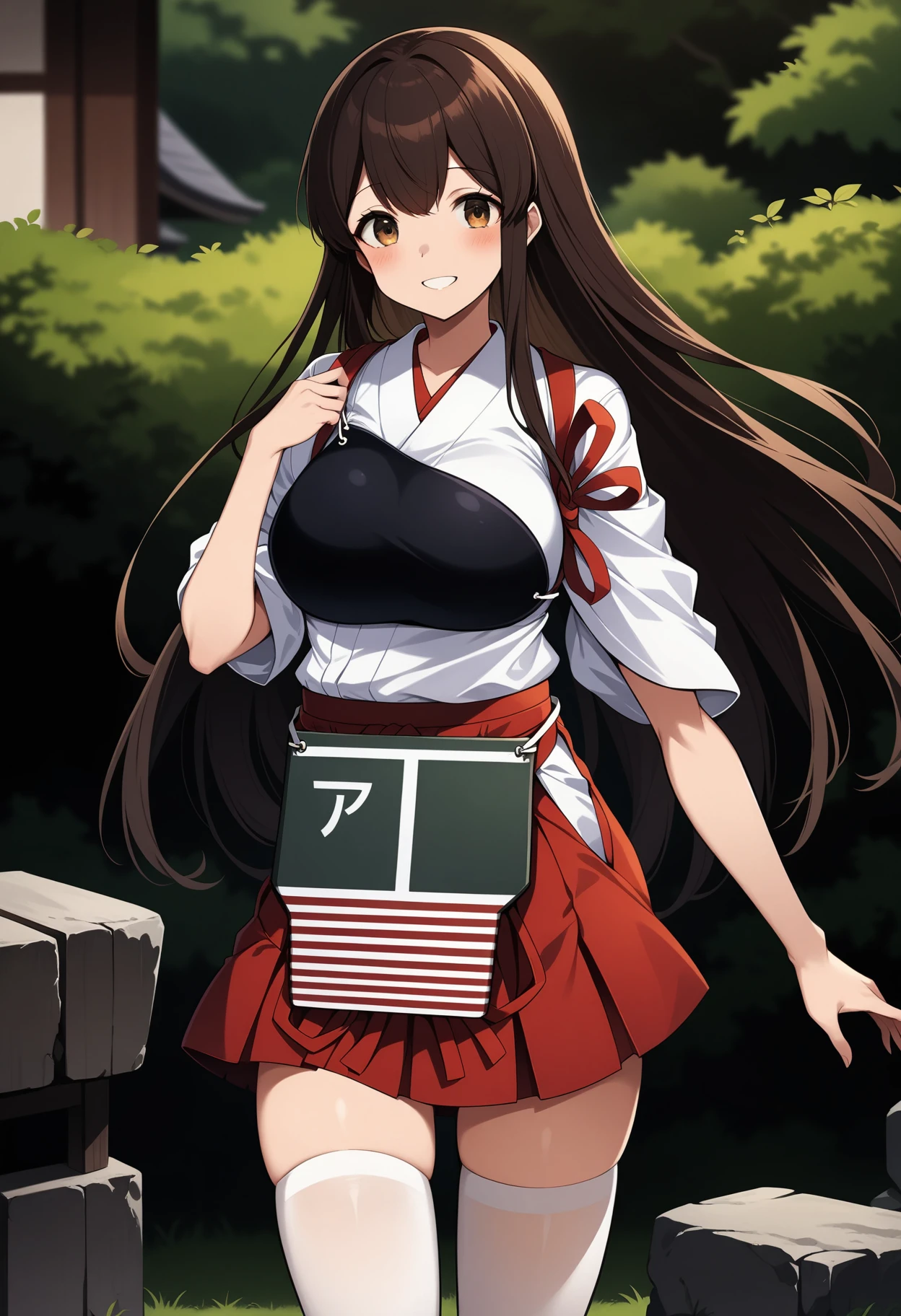 (masterpiece, best quality, very aesthetic, ultra detailed), intricate details, 4k, aaakagi, long hair, brown hair, brown eyes, japanese clothes, muneate, tasuki, hakama skirt, red hakama, white thighhighs, <lora:akagi_(kancolle)_animagine_v1:0.9>, standing, cowboy shot, smile, outdoors,