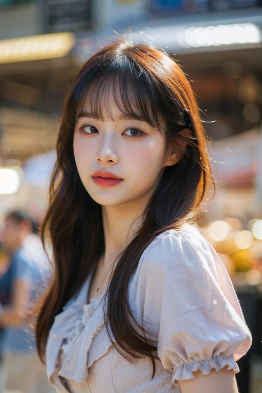 masterpiece, best quality, ultra-detailed, ultra high res, (photorealistic:1.4), raw photo, (realistic:0.2), 8k HDR, realistic lighting, looking at viewer, 1girl, solo, asymmetrical hair, outdoor, sky, (traditional market:1.2), bokeh, (detailed lips), (detailed pores), (detailed skin textures), (detailed face:1.2), (body:1.2), a woman in a victorian dress, bodice, lace, cowboy shot,