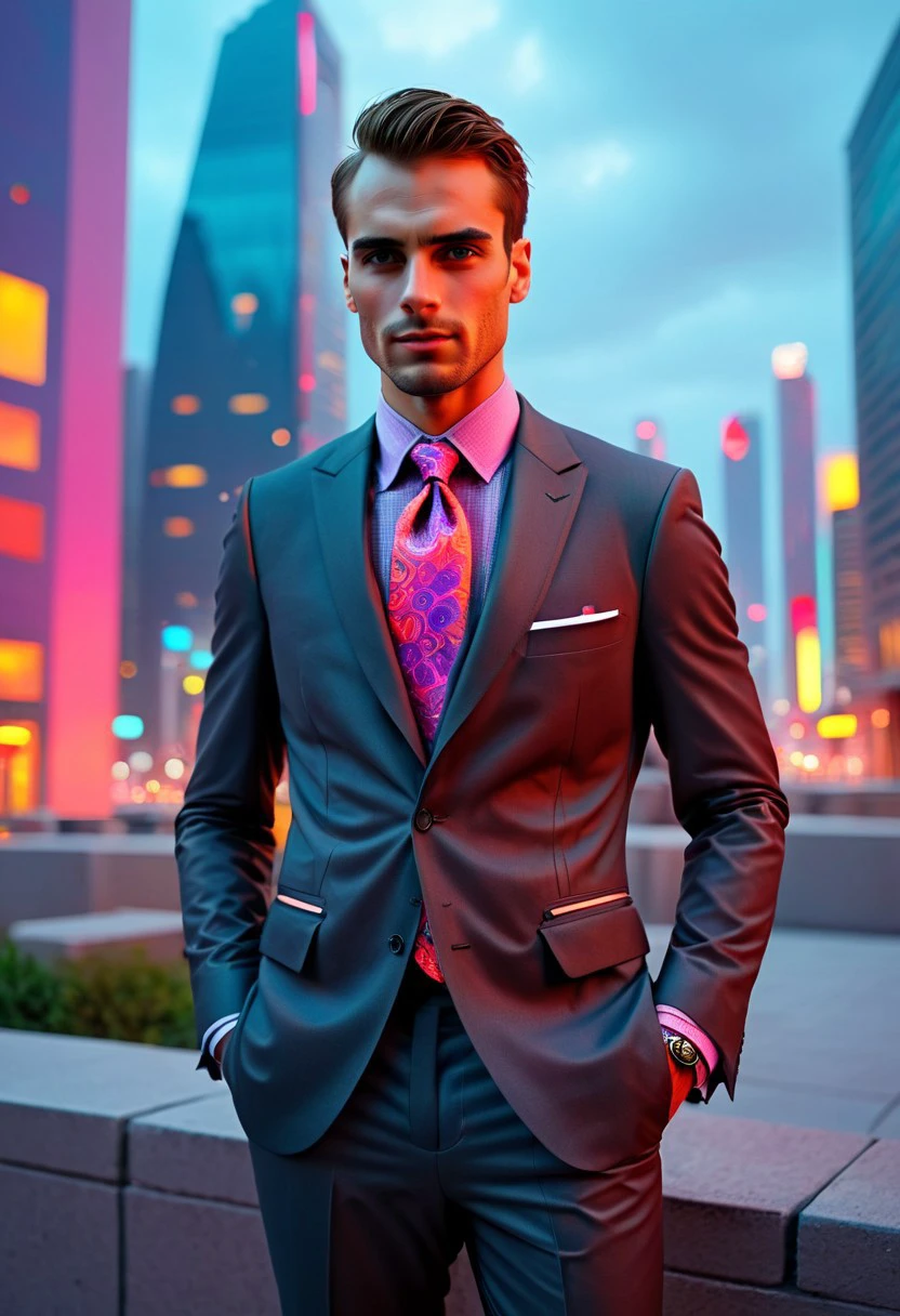 pfstyle, man in suit, necktie, one hand in pocket, outdoors, scenery, cityscape, vivid colors