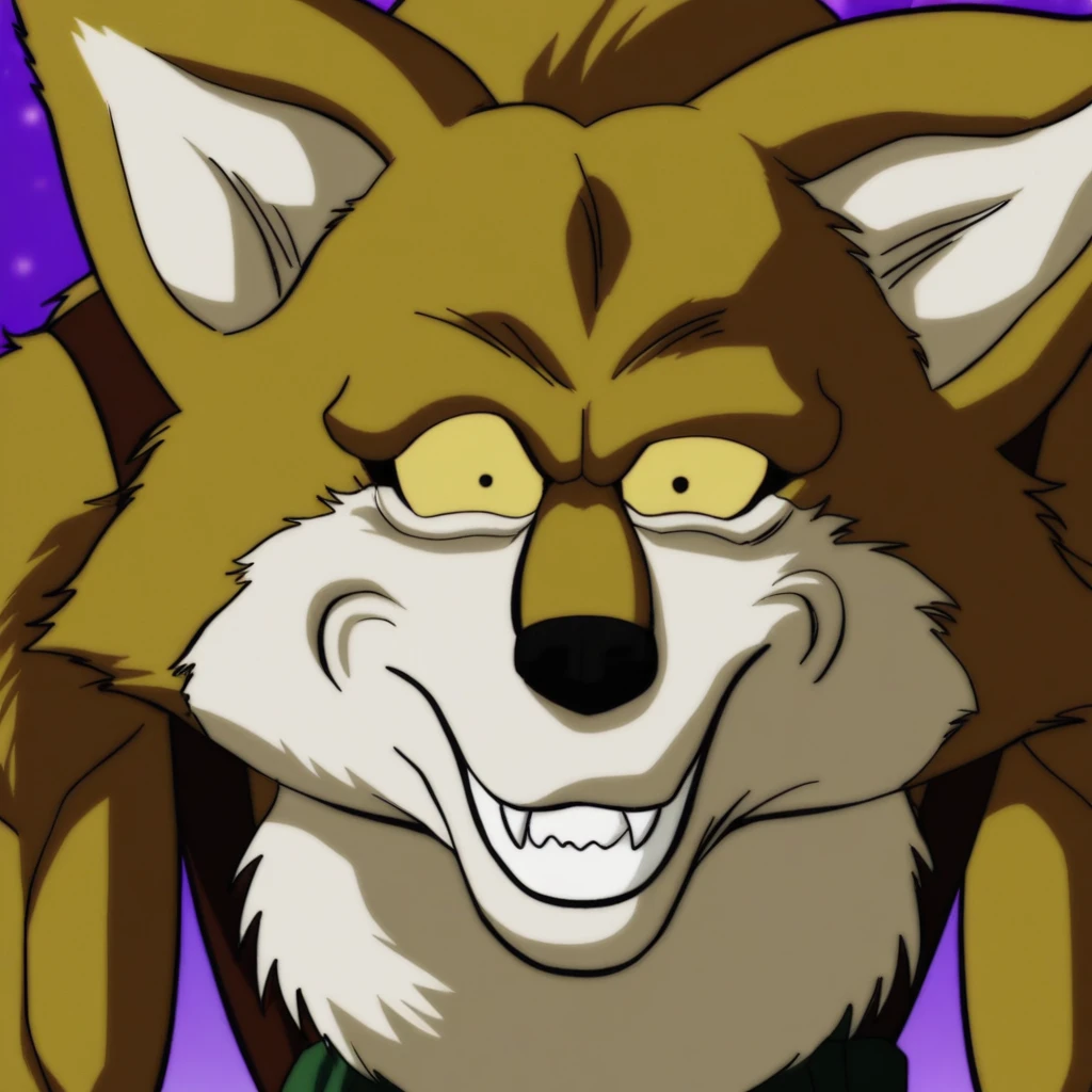 anthro, wolf, yellow sclera, black nose, furry, smile, gold fur, fangs, green pants, LavenderDBS, shocked look