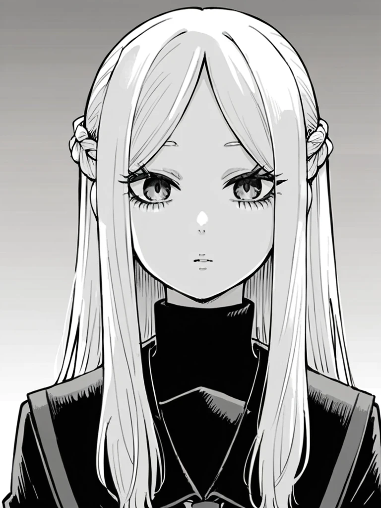 score_9, score_8_up, score_7_up, 
1girl, monochrome, ichijou michiru, white hair, long hair,  parted bangs, french braid,

turtleneck, school uniform, black serafuku, long sleeves, 

upper body, looking at viewer, expressionless, 
